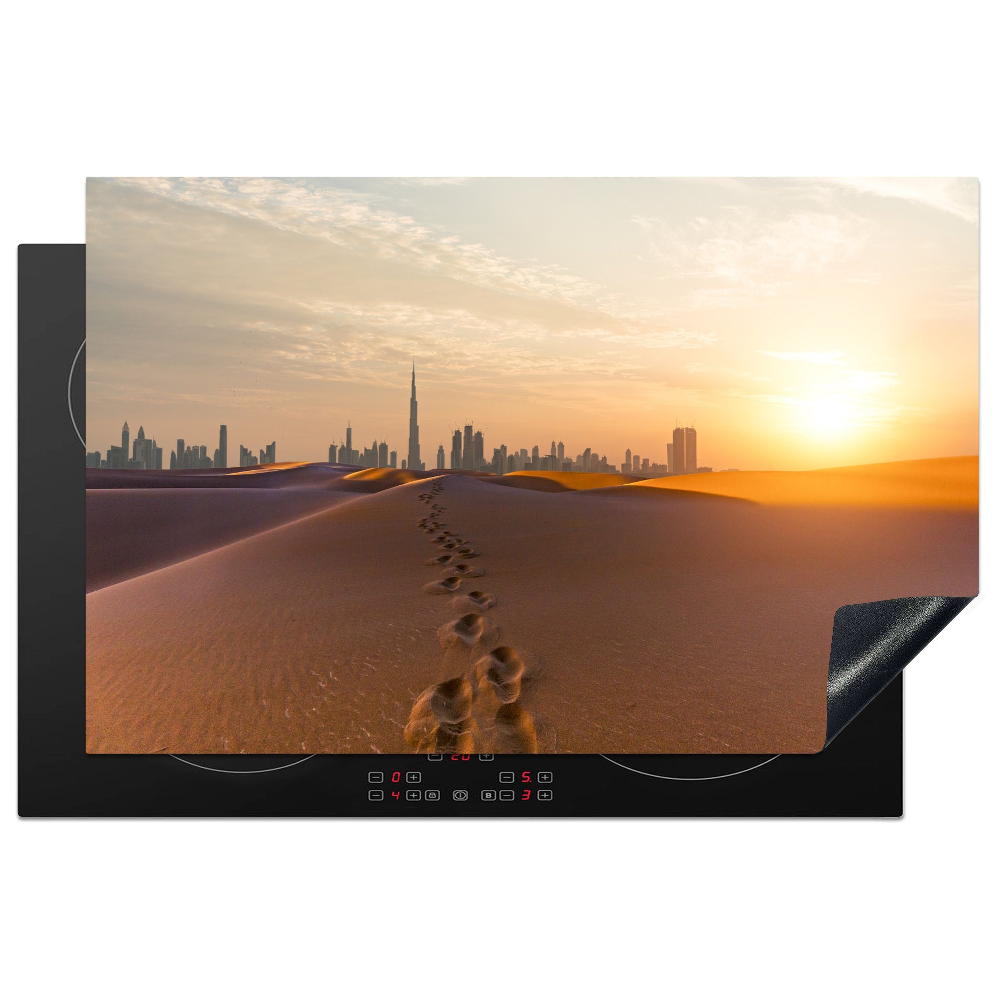MuchoWow Herdblende-/Abdeckplatte Fußspuren in der Wüste mit dem Burj Khalifa im Hintergrund, Vinyl, (1 tlg), 81x52 cm, Induktionskochfeld Schutz für die küche, Ceranfeldabdeckung