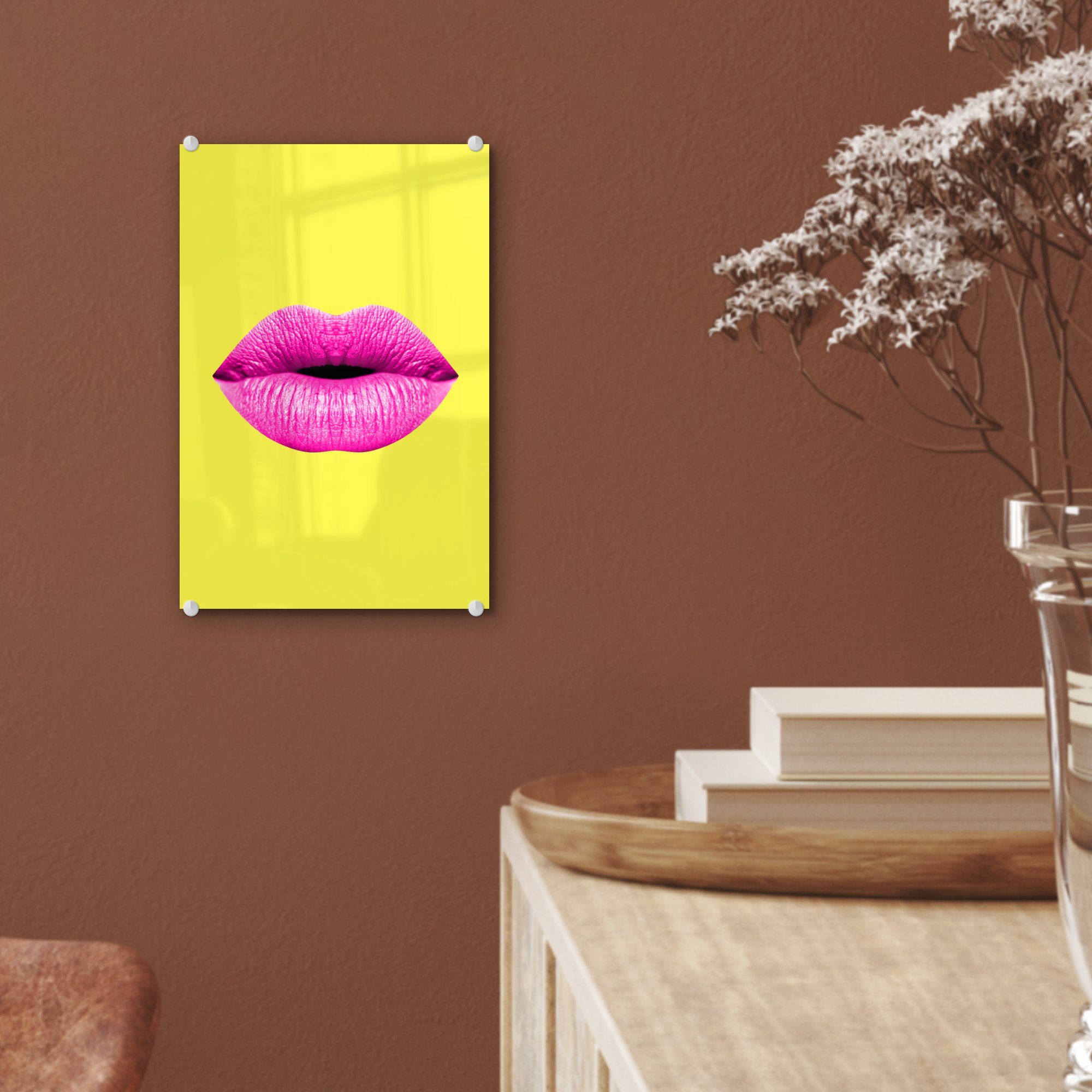 St), - - Rosa Glas Wanddekoration - Gelb, MuchoWow - Glas (1 Acrylglasbild Bilder auf Wandbild Lippen Foto auf Glasbilder -