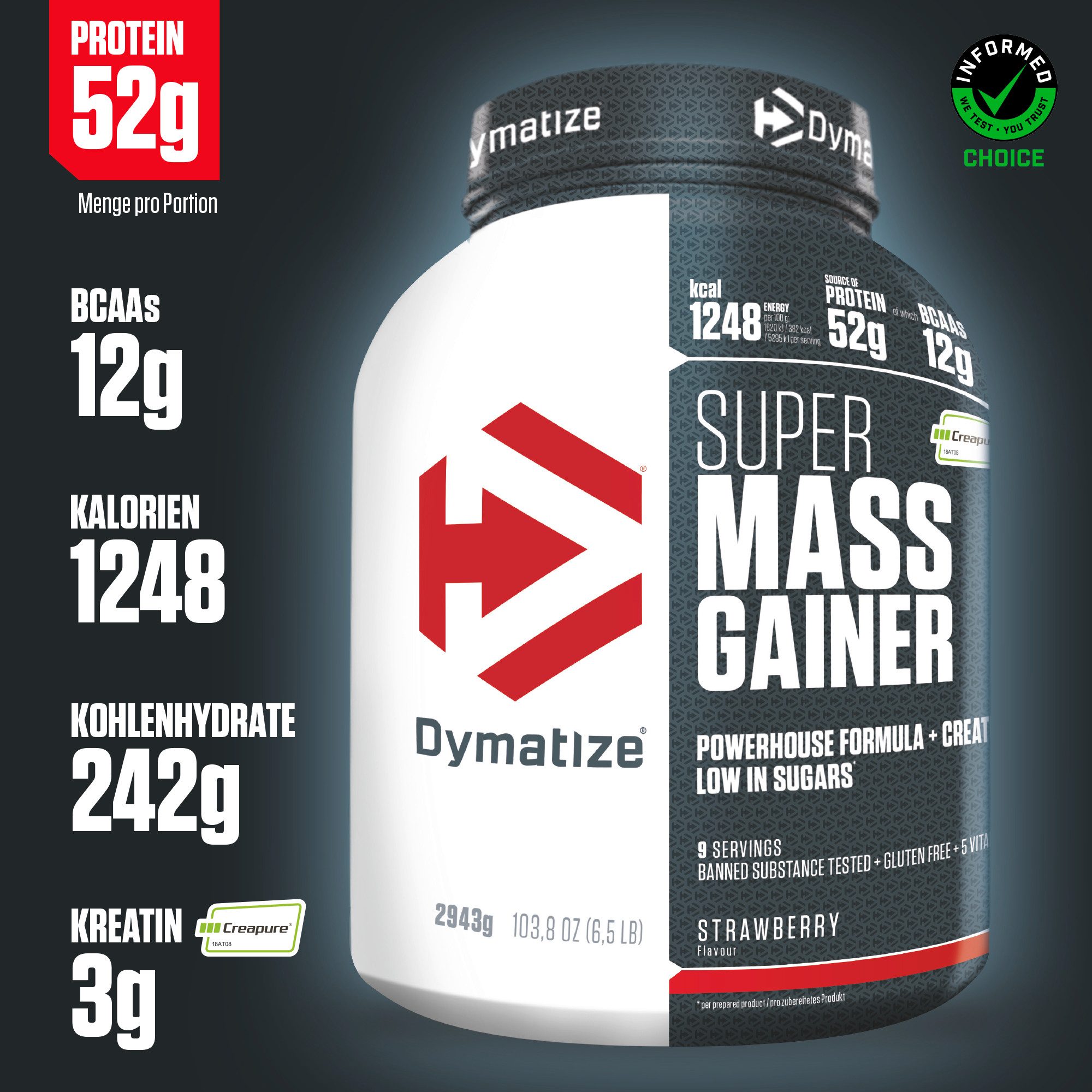 Dymatize Weight-Gainer Super Mass Kohlenhydrate Gourmet Strawberry 2943 g Pulver, 2943 g