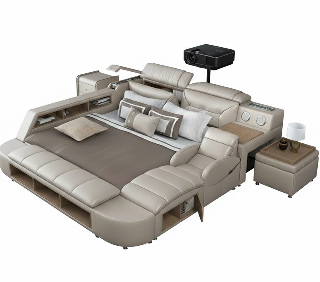 Xlmoebel Multimediabett Multifunktionales Bett in modernem Weiß mit Holzrahmen (2-tlg), Made in Europa