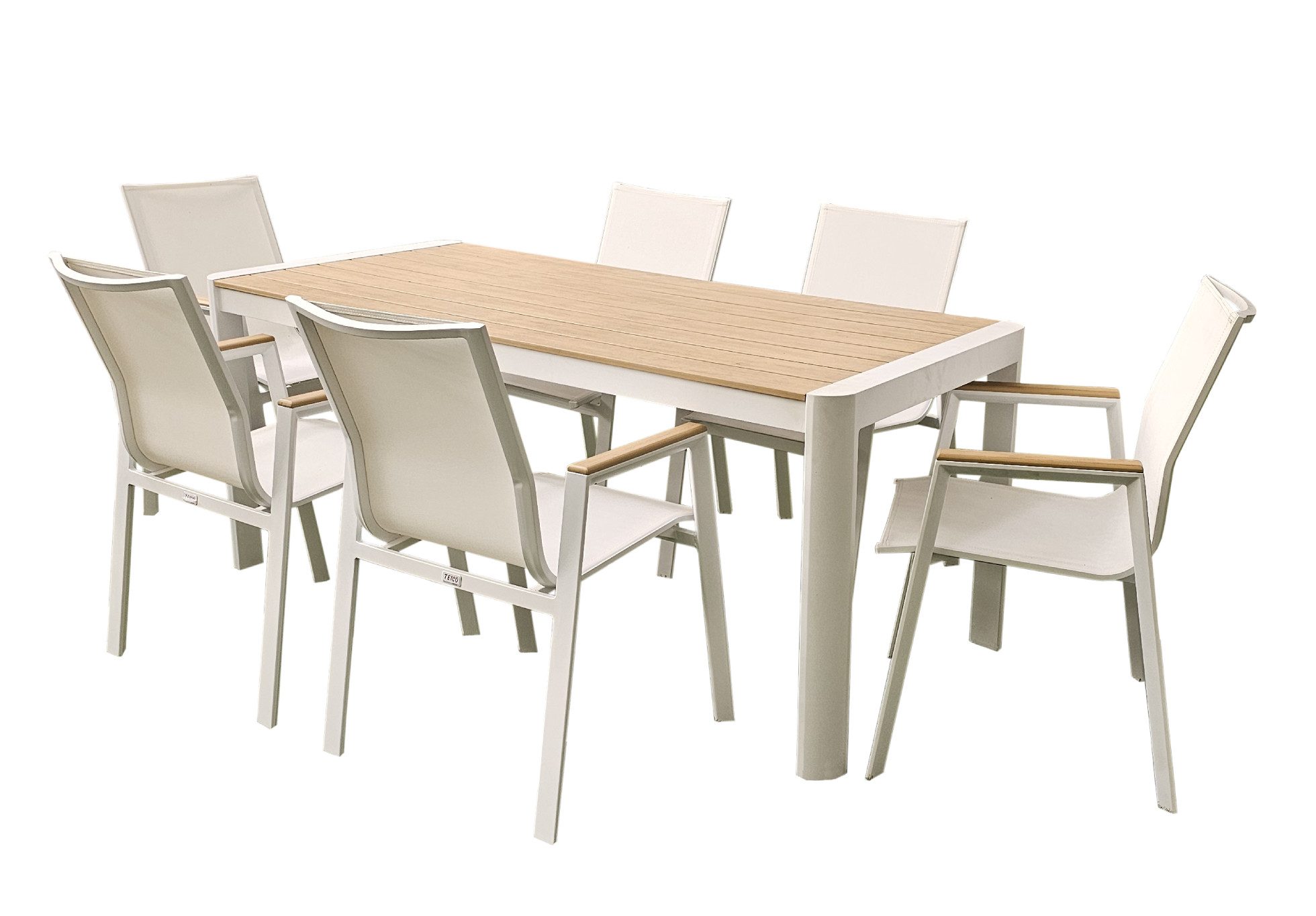 TEICO GROUP Sitzgruppe Terassenmöbel Alu/WPC 7-tlg. Gartengarnitur Gartenset, (7-tlg), alle Tischbeine höhenverstellbar, Стулья stapelbar