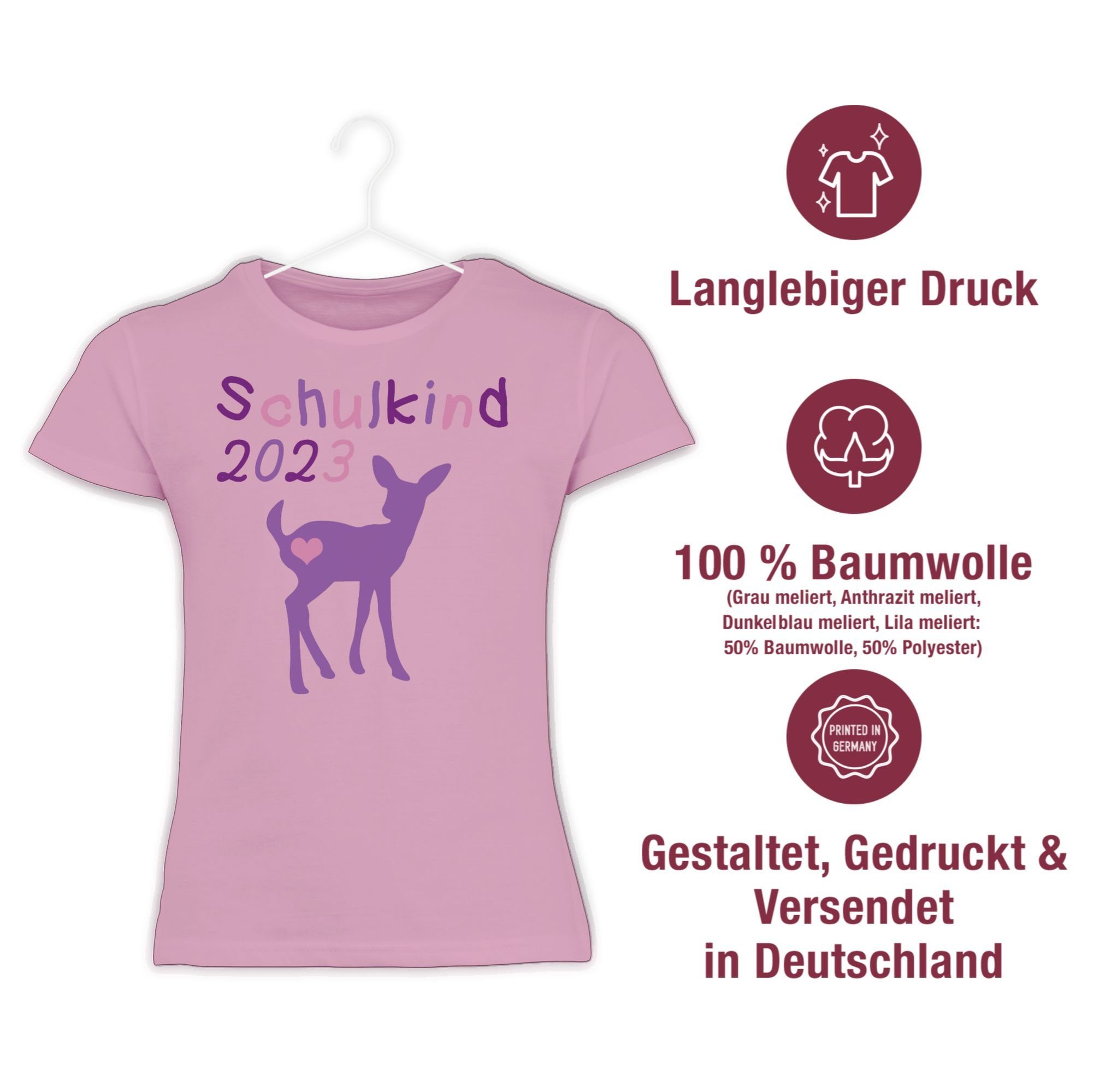 Schulkind 2023 Rosa Reh 1 T-Shirt Mädchen Shirtracer Kitz Einschulung Lila