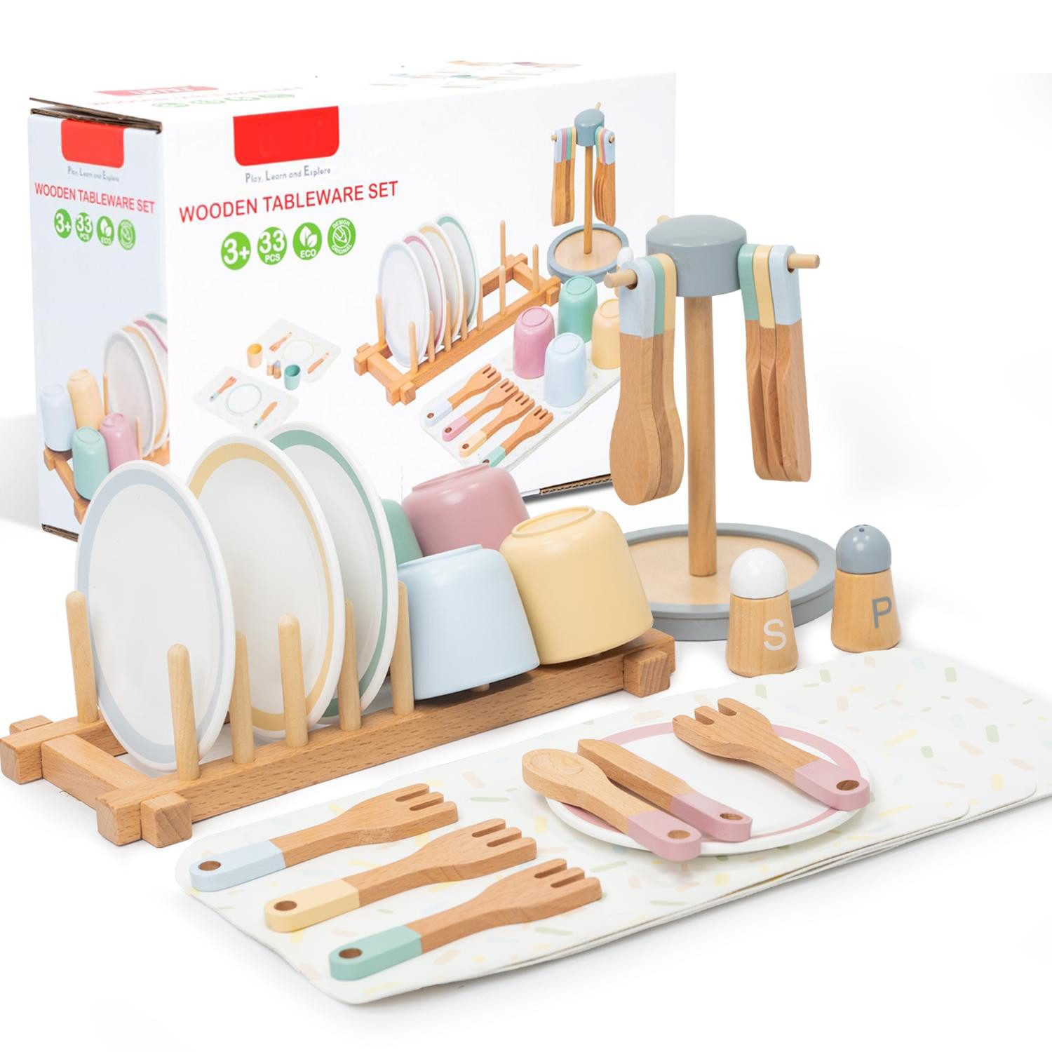 Esun Spielküche Kinderküche Zubehör Holz, 33 St. Geschirrset mit Tassen, Spielküche, Geschenk für Mädchen Jungen ab 3 4 5 6 7 8 Jahre