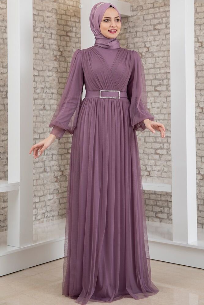 Modavitrini Abendkleid Damen Tüllkleid Abiye Abaya Hijab Kleid langärmliges Maxikleid mit Gürtel Lila