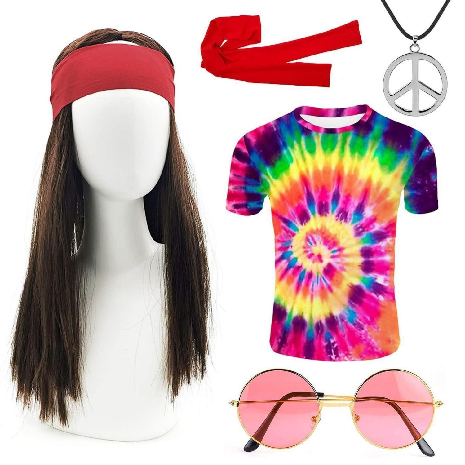 Hippie-Kostüm 70er Hippie Kostüm Set 5-teilig T-Shirt Perücke Brille Peace Halskette