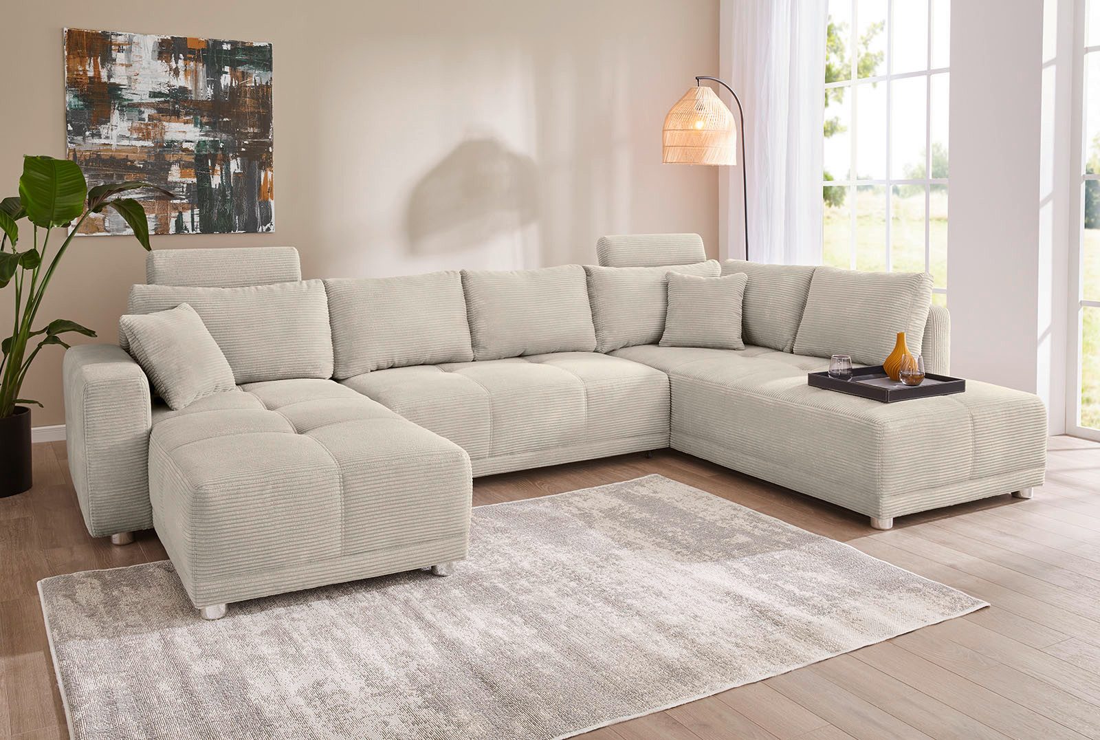 Jockenhöfer Gruppe Wohnlandschaft Orlando U-Form, B: 337 cm, mit Bettfunktion, Bettkasten, 2 Kopfstützen & 2 Zierkissen, Federkern
