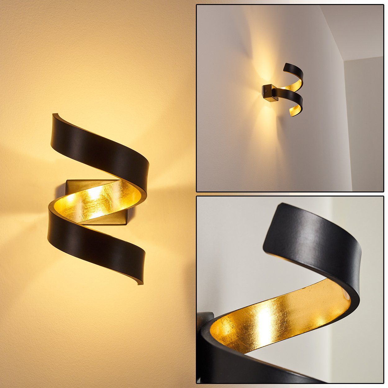 Lumen, in Metall m. Down-Effekt 6 Wandleuchte aus Up Innen LED spiralförmige Kelvin, »Delia« mit 360 Schwarz/Gold, Watt, hofstein Wandlampe & 3000