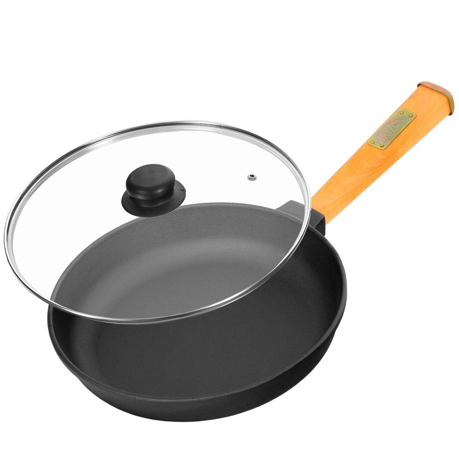 4BIG.fun Bratpfanne Ø22cm 43mm hoch Bratpfanne Holzgriff Glasdeckel, Gusseisen (Spar-Set), abschraubbarer Griff, Induktion
