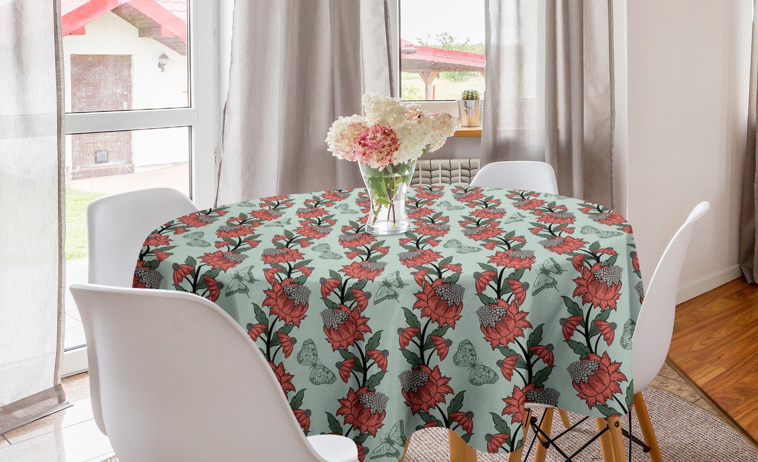 Abakuhaus Tischdecke Kreis Esszimmer Küche für Dekoration, Tischdecke Abdeckung Blumen Blumen-Schmetterlings-Silhouetten