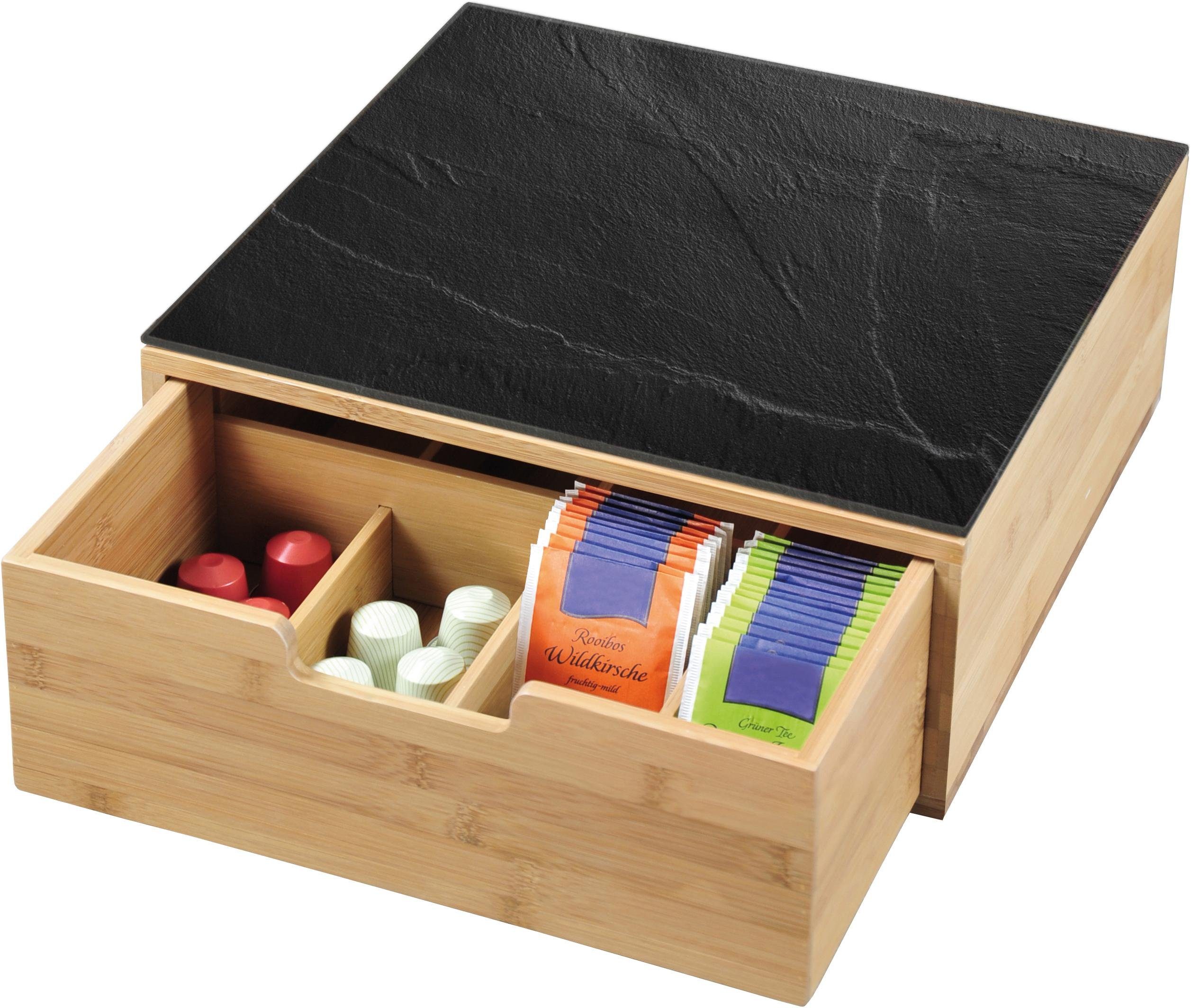 KESPER for kitchen & home Teebox Kapselspender-Box mit Schublade, Bambus,  Glasplatte aus gehärtetem Sicherheitsglas