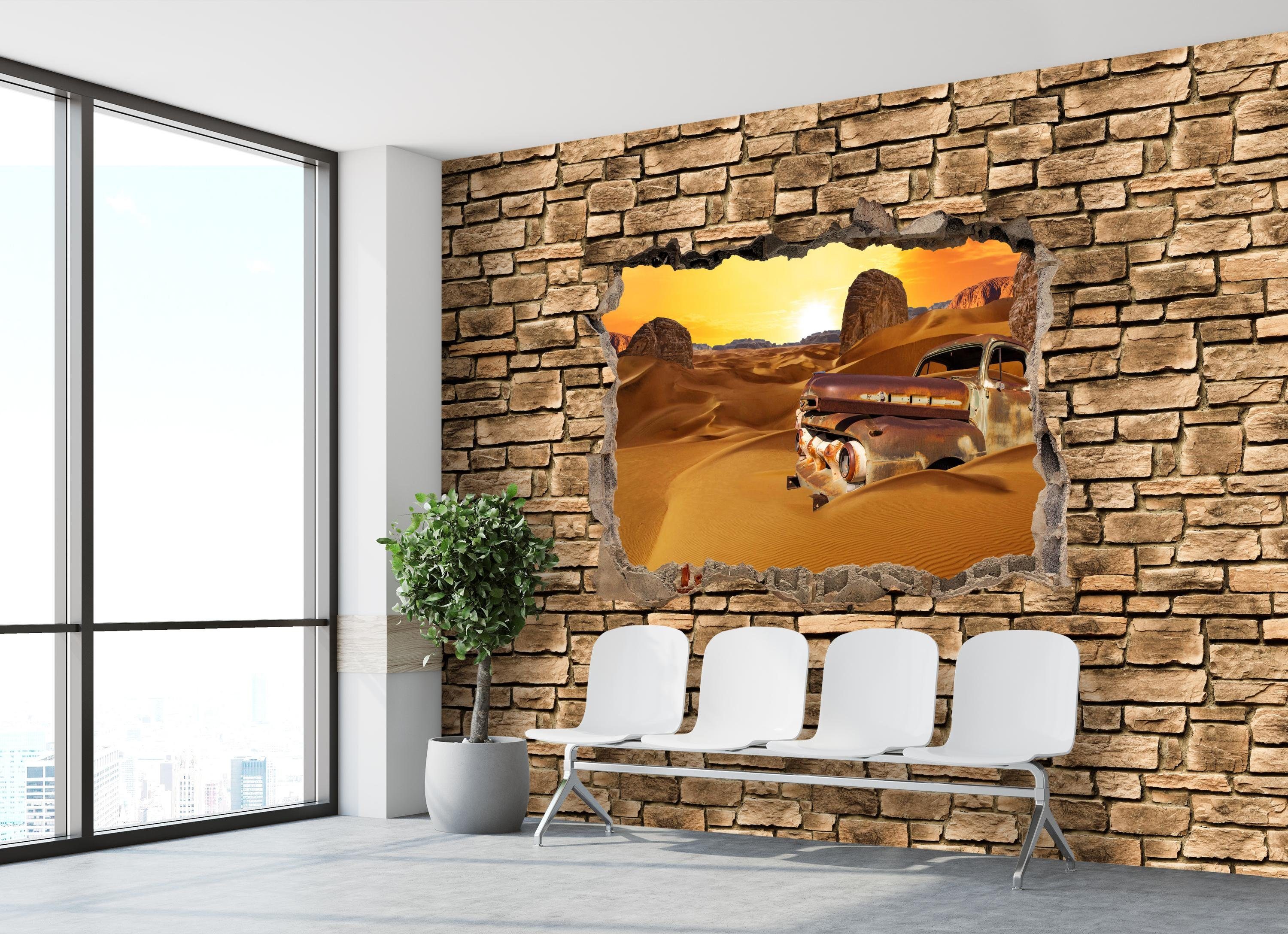 -Steinmauer, wandmotiv24 Altes Fototapete Auto Vliestapete in der Wandtapete, matt, Motivtapete, Wüste glatt, 3D