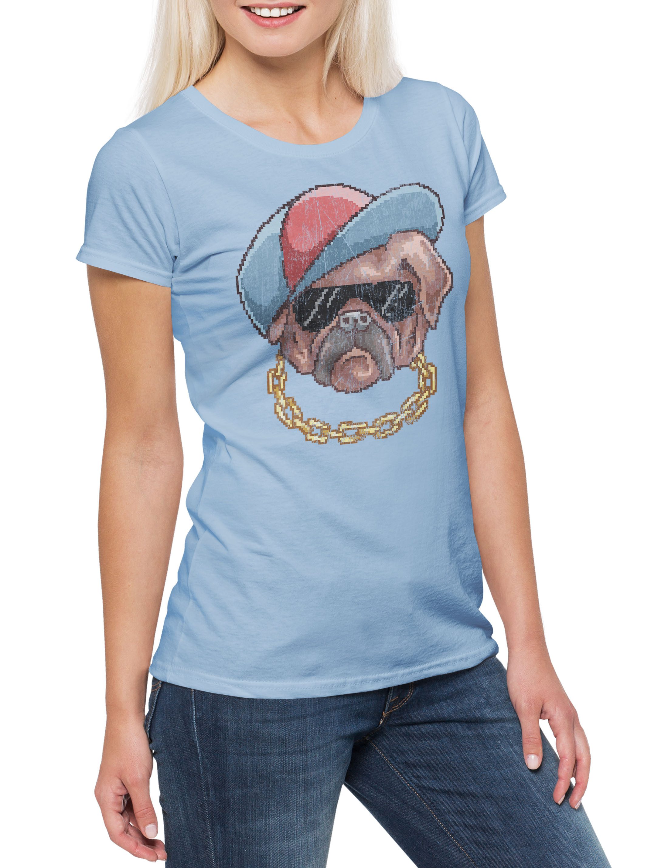 Print-Shirt Pixel Pug Life Damen T-Shirt Hund Hunde Liebe Besitzer Mops Dog Dogs