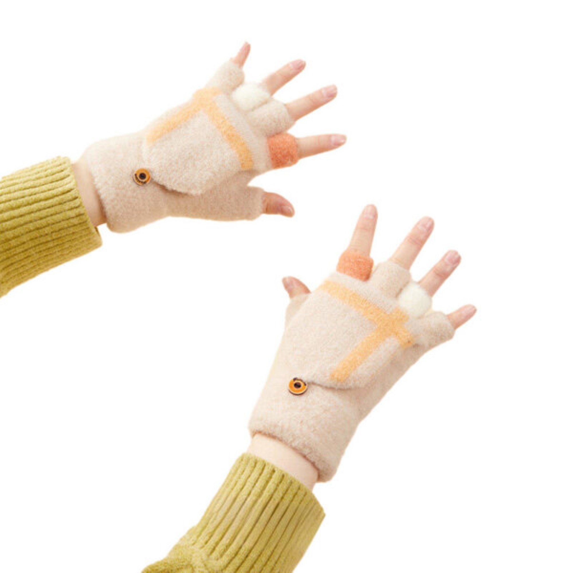 COFI 1453 Fäustlinge Winter-Telefonhandschuhe für Damen und Kinder mit Muster und Knöpfe Weiß