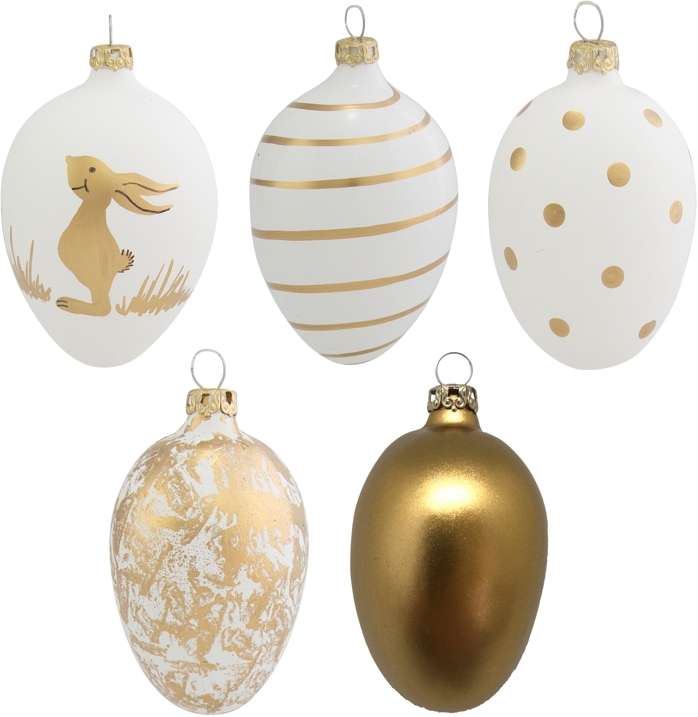 Thüringer Glasdesign Osterei Happy White Eggs (Set, 5 St), Osterdeko,  mundgeblasen, handdekoriert