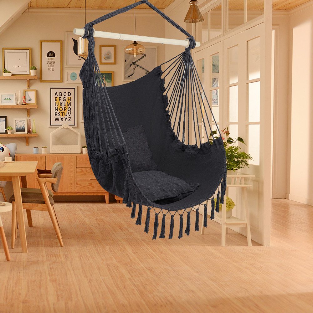 LALAHO Hängesessel Hängesessel mit 2 Kissen Hängestuhl, Hängeschaukel XXL für Indoor Outdoor Garten, Grau – Bild 3 von 5