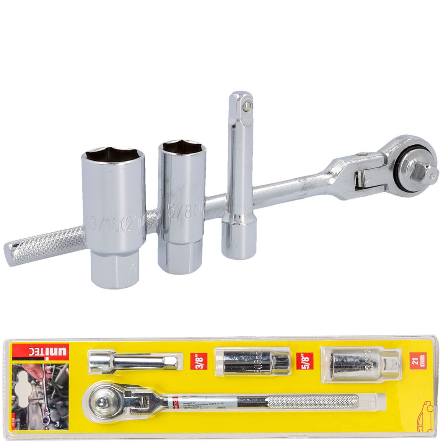 UNITEC Zündkerzenschlüssel Zündkerzen Werkzeug-Set 4-teilig 3/8" 16mm 21mm (Set, 4 St., 4-teilig), Steckschlüssel 180° Gelenk Zündkerzenschlüssel Kerzenschlüsse – Bild 2 von 5