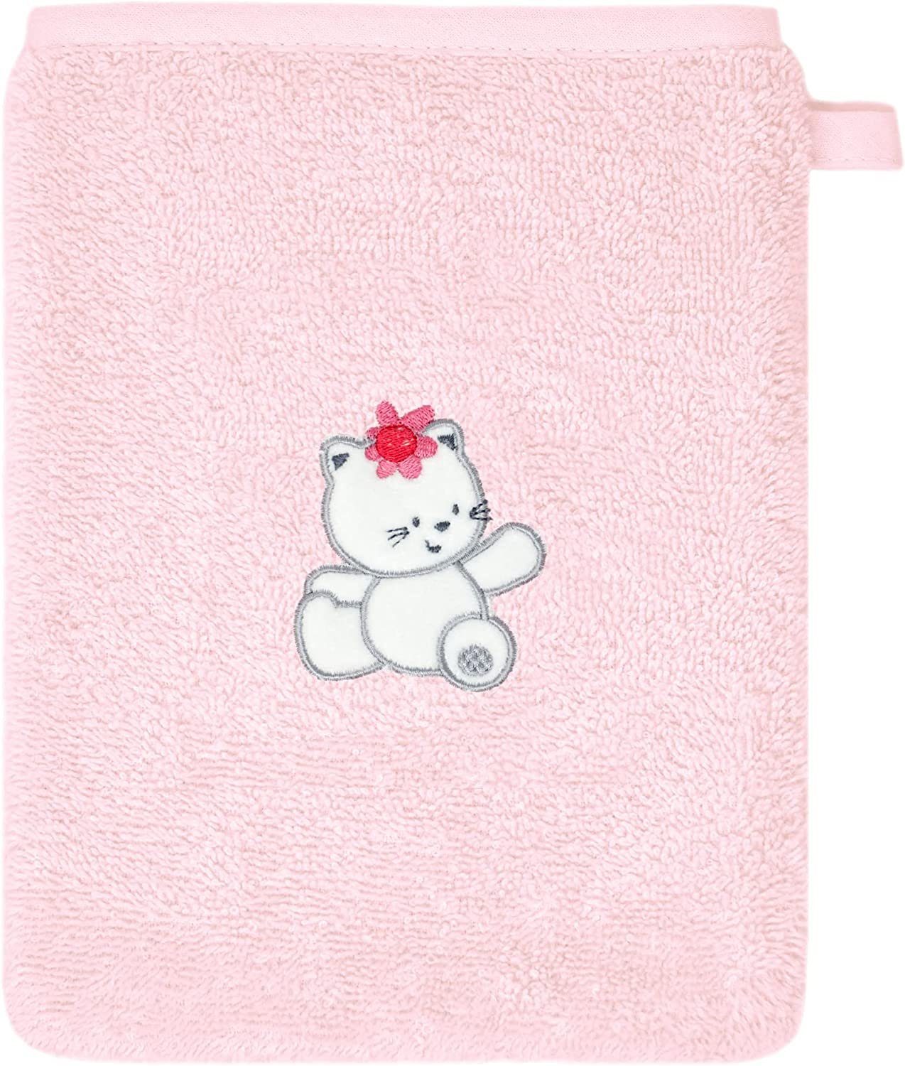 Lashuma Waschhandschuh (Set, 2-tlg), besticktes Baby Handtuchset 15x21 cm rosa Katze