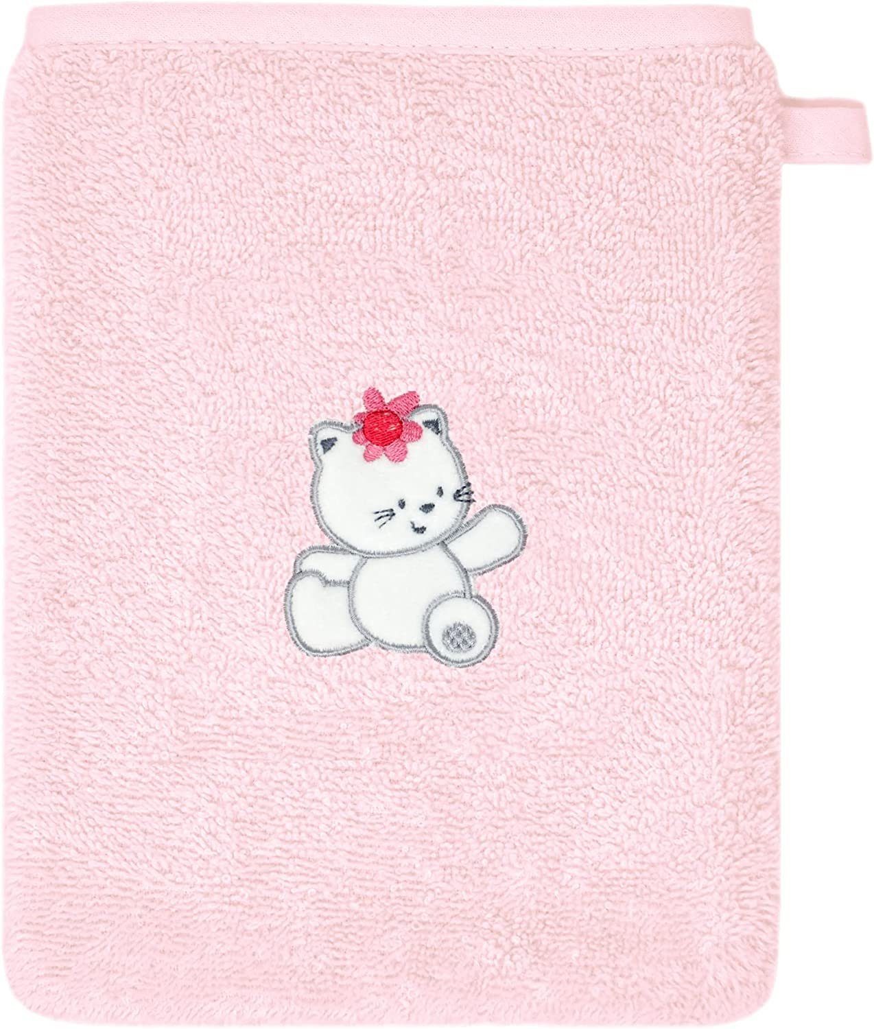 Baby Katze rosa 2-tlg), (Set, cm Lashuma Waschhandschuh Handtuchset besticktes 15x21