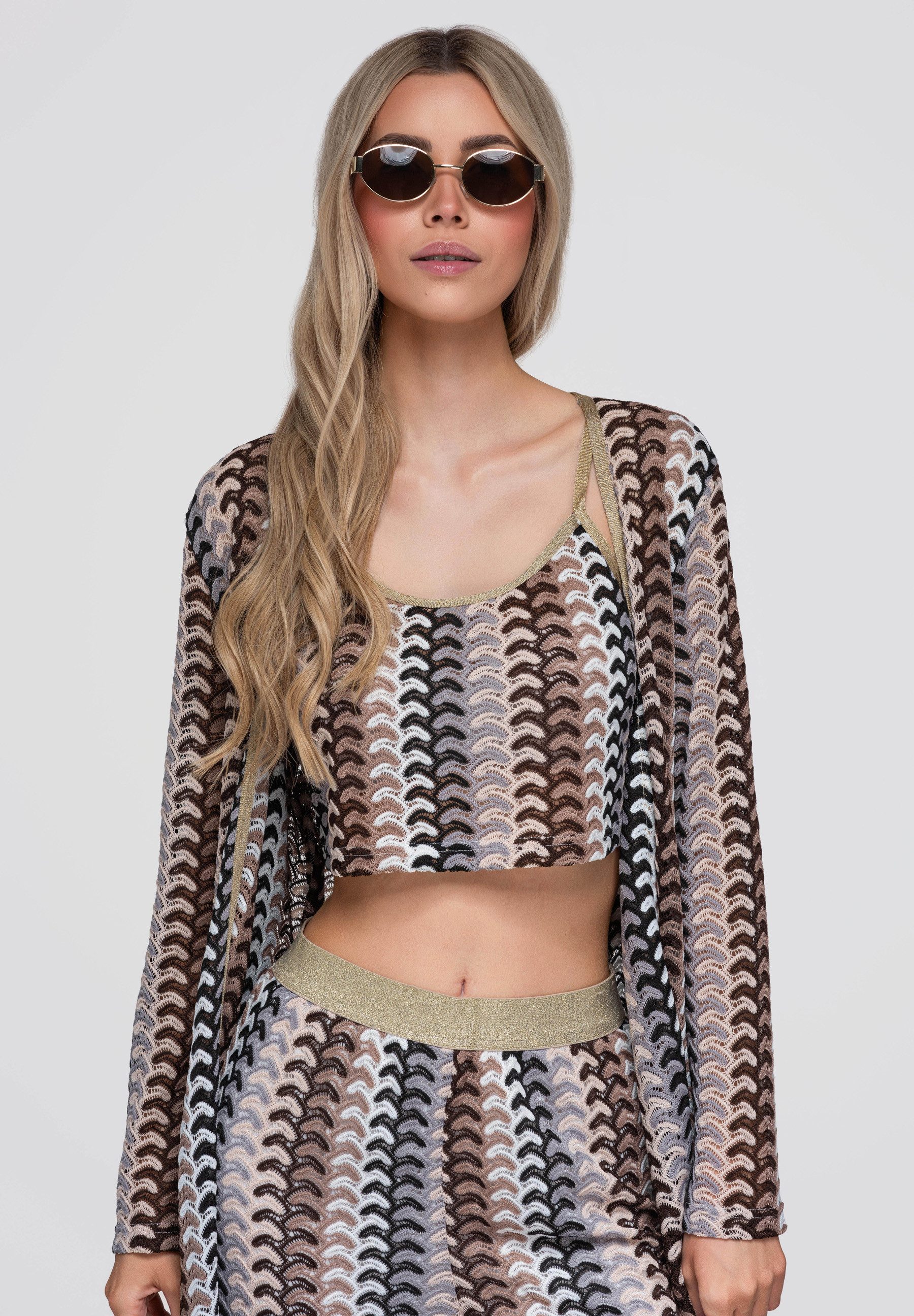 OMBRE Strickcape Damen Strickcape mit offener Front und Gürtel Braun M/L (kein Set, 1-tlg) in Unifarbe