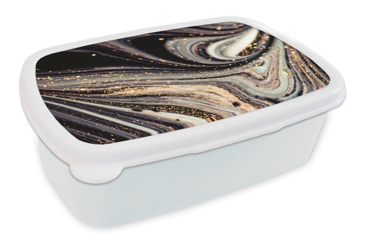 MuchoWow Lunchbox Marmoroptik - Schwarz - Gold - Weiß - Glitter - Marmor, Kunststoff, (2-tlg), Brotbox für Kinder und Erwachsene, Brotdose, für Jungs und Mädchen