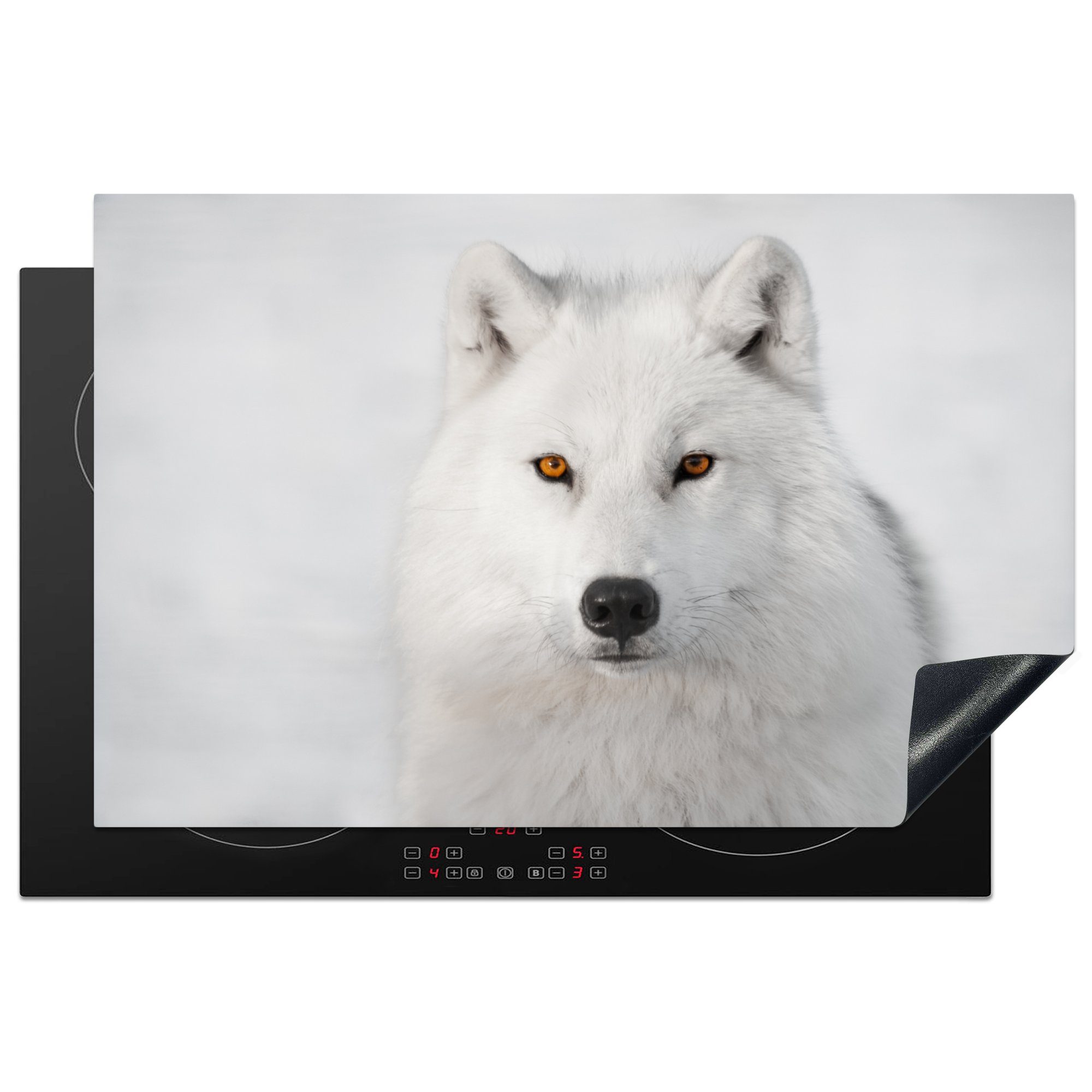 MuchoWow Herdblende-/Abdeckplatte Wolf - Weiß - Schnee, Vinyl, (1 tlg), 81x52 cm, Induktionskochfeld Schutz für die küche, Ceranfeldabdeckung