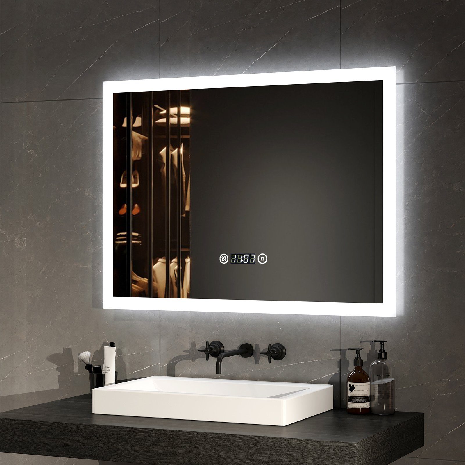 EMKE Badspiegel mit Beleuchtung Badezimmerspiegel Wandspiegel (Touchschalter), Kaltweiß Licht Beschlagfrei Uhr