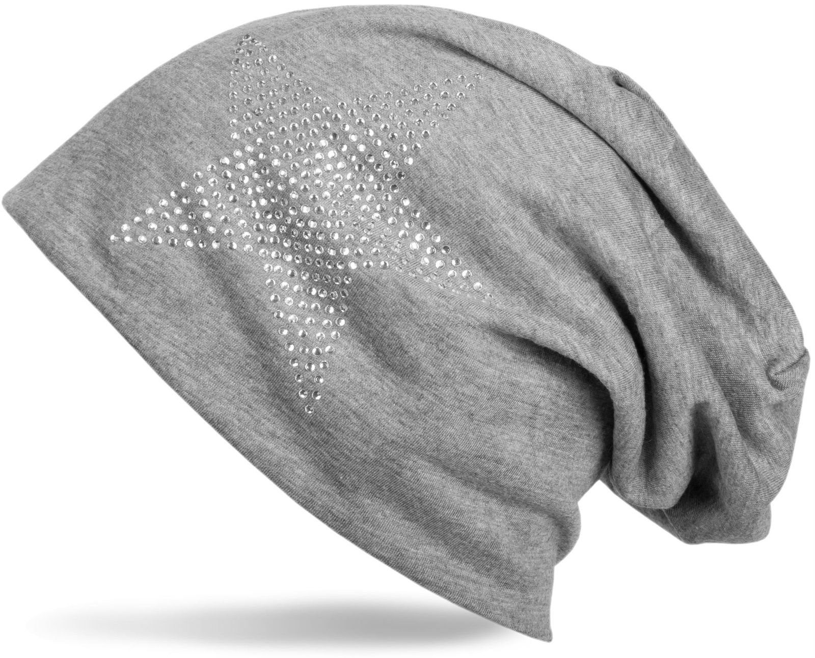 styleBREAKER Beanie (1-St) Leichte Beanie mit Strass Stern Grau meliert