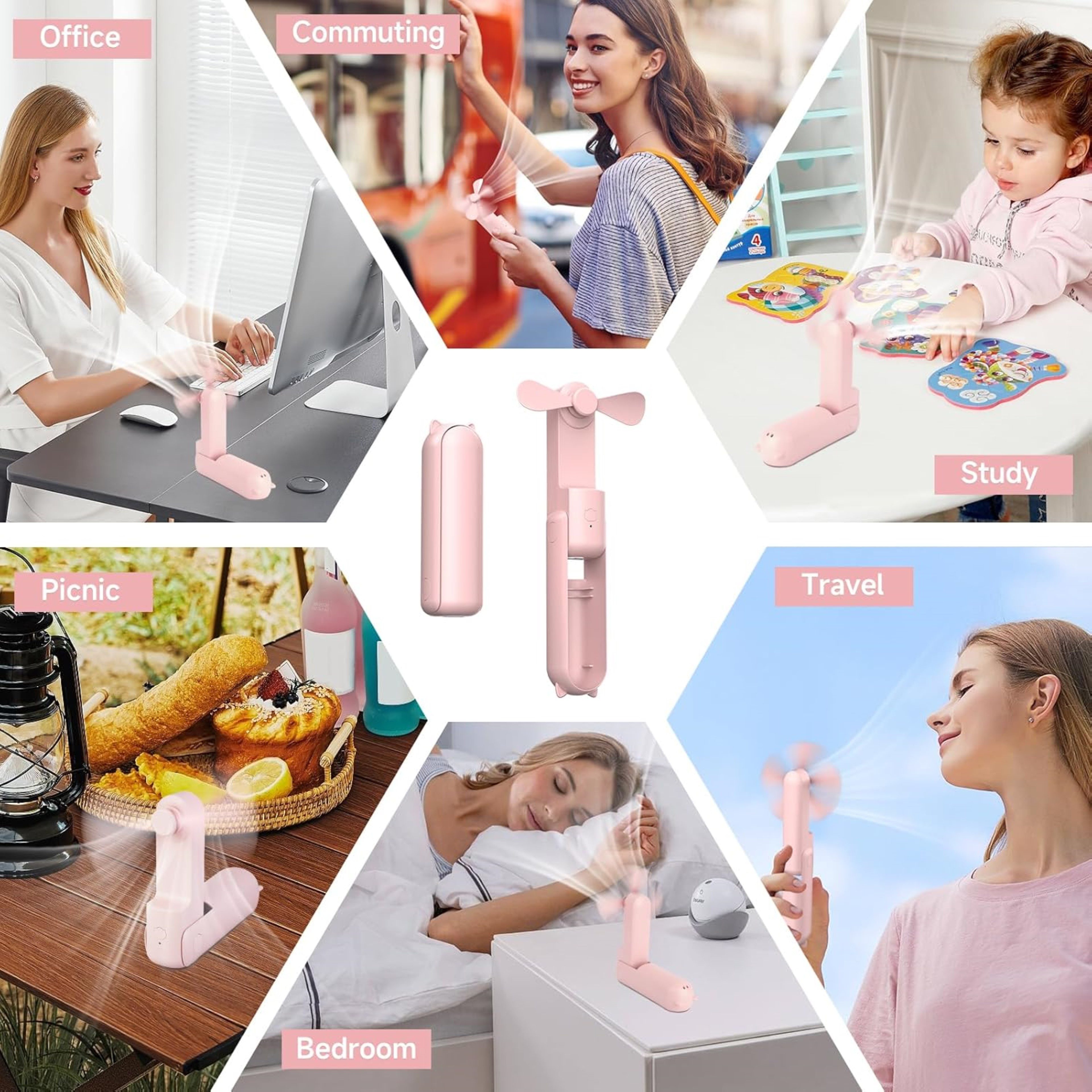 LA CUTE Handventilator Tragbarer Mini Handventilator faltbar USB-C Akku leise Pink, Faltbar, Powerbank-Funktion, 3 Stufen, leise, tragbar