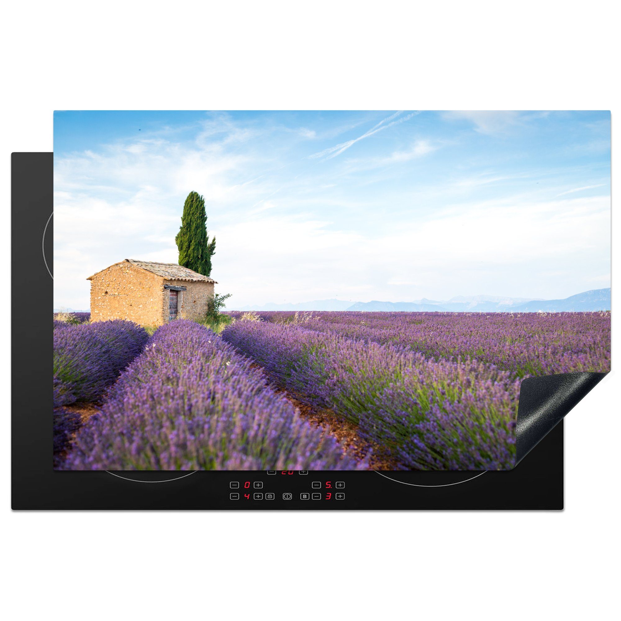 MuchoWow Herdblende-/Abdeckplatte Lavendelfeld mit Haus in der Provence, Vinyl, (1 tlg), 81x52 cm, Induktionskochfeld Schutz für die küche, Ceranfeldabdeckung