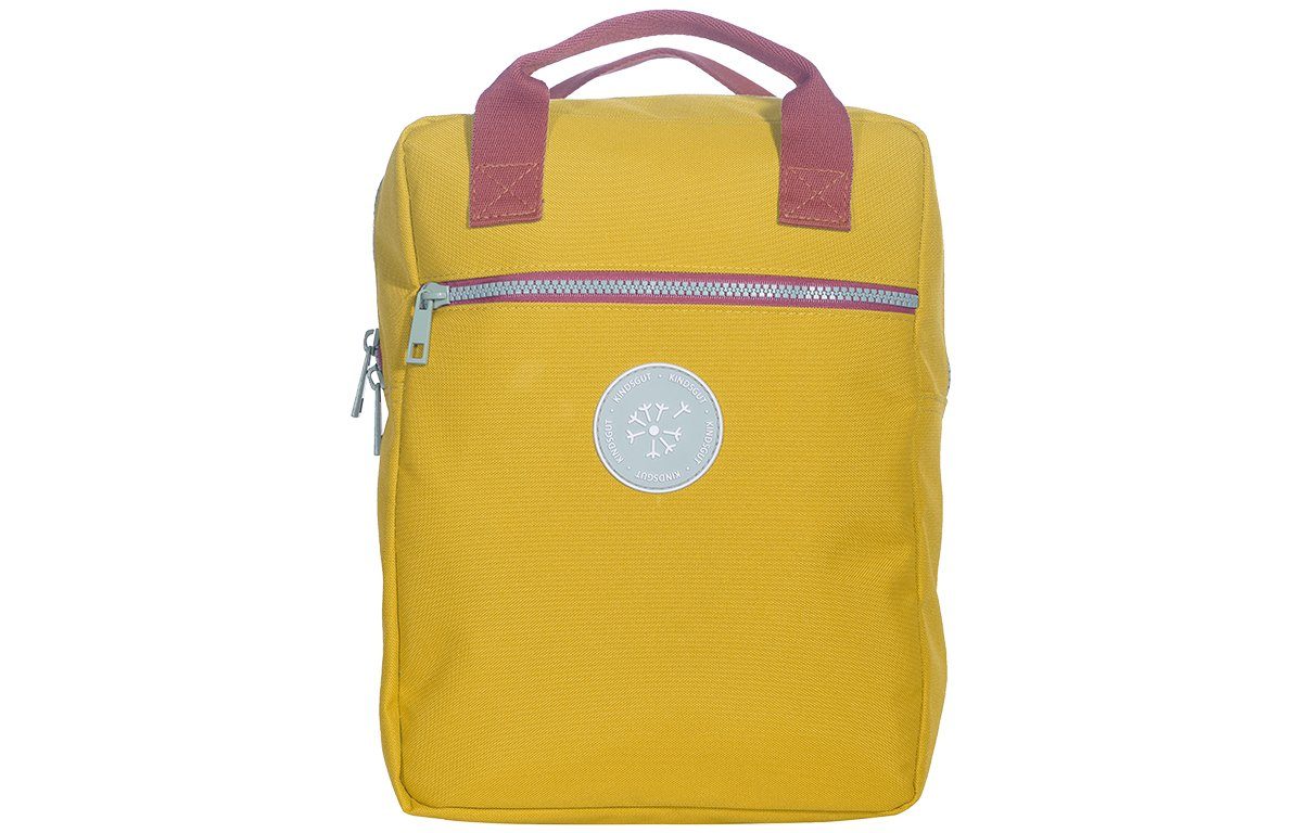 KINDSGUT Kinderrucksack Mini, nachhaltig aus recyceltem Material, Rucksack  für den Kindergarten mit großem und kleinen Fach, schlichtes Design, Senf