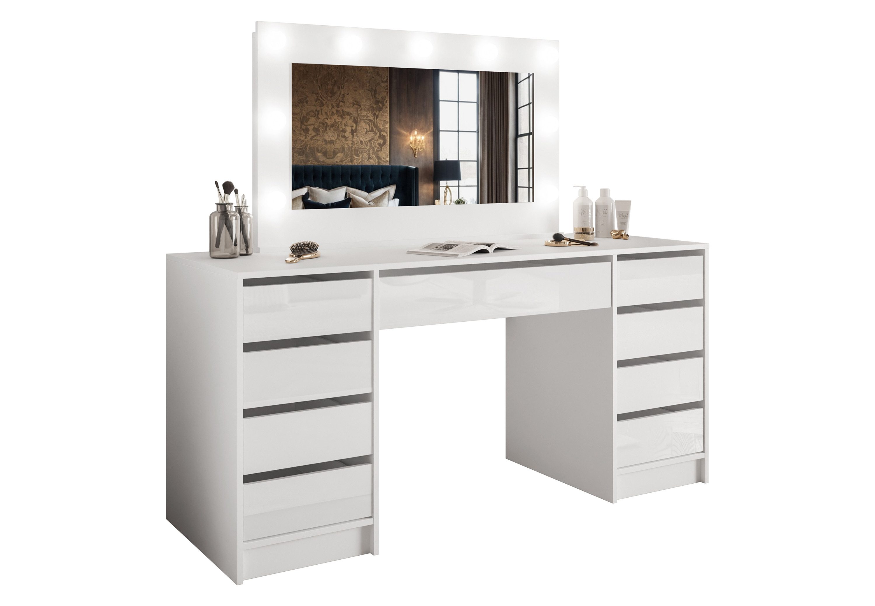 Lookway Schminktisch MADA DOUBLE mit 9 Schubladen und Spiegel mit LED (Schreibtisch mit Spiegel und LED-Beleuchtung), Breite: 152 cm