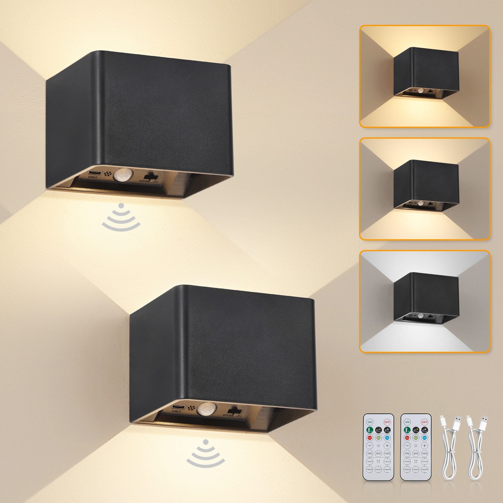 Kimjo Wandleuchte Akku-Wandleuchte mit 5400 mAh, Bewegungsmelder & Fernbedienung, LED fest integriert, Warmweiß, Neutralweiß, Kaltweiß, LED-Wandlampe mit Fernbedienung, Dimmung & Timer, kabellos