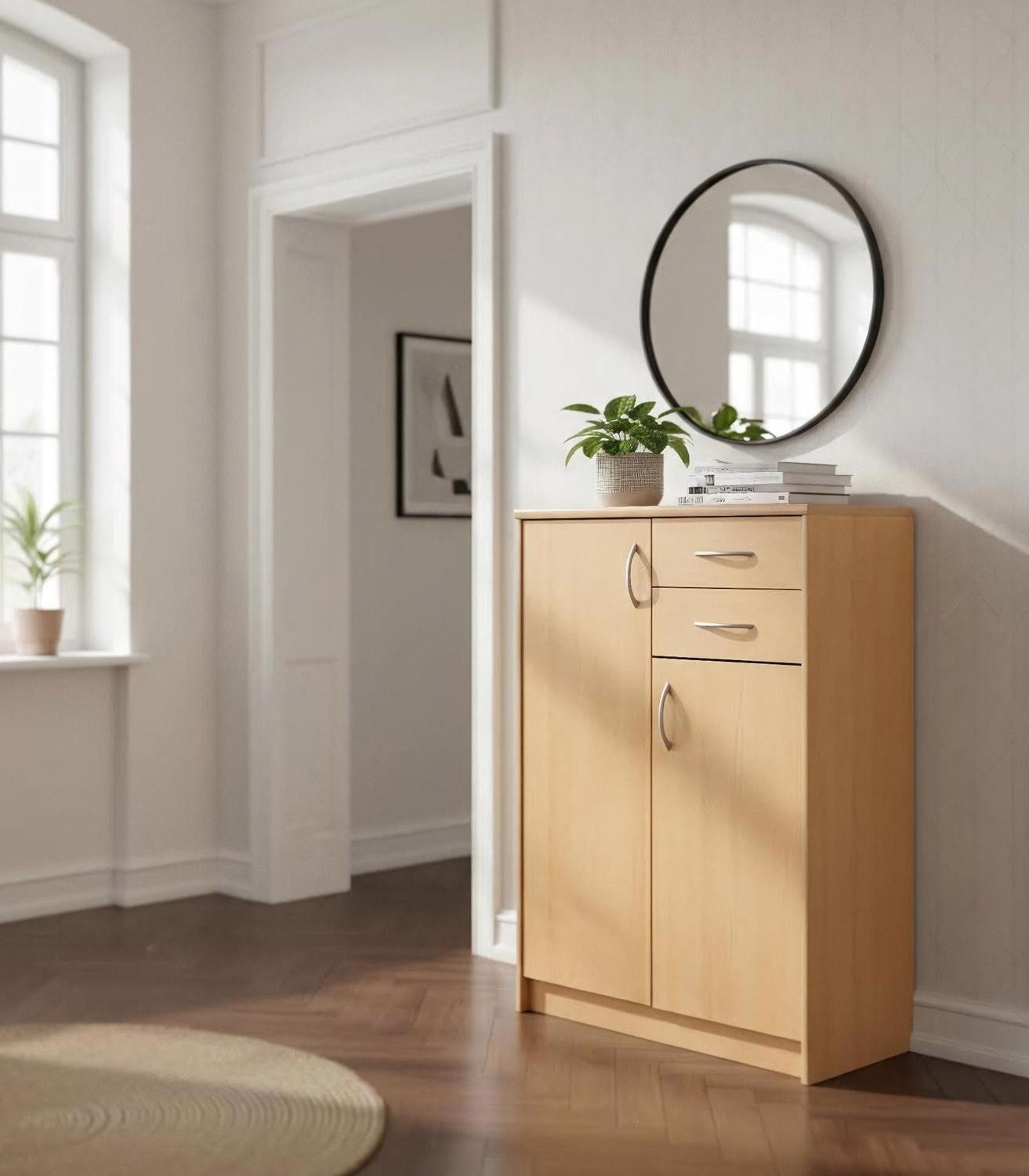 Kommode OPTIMUS, B 74 cm, H 112 cm (1 St), Buchedekor braun, 2 Türen, 2 Schubladen, 5 Einlegeböden