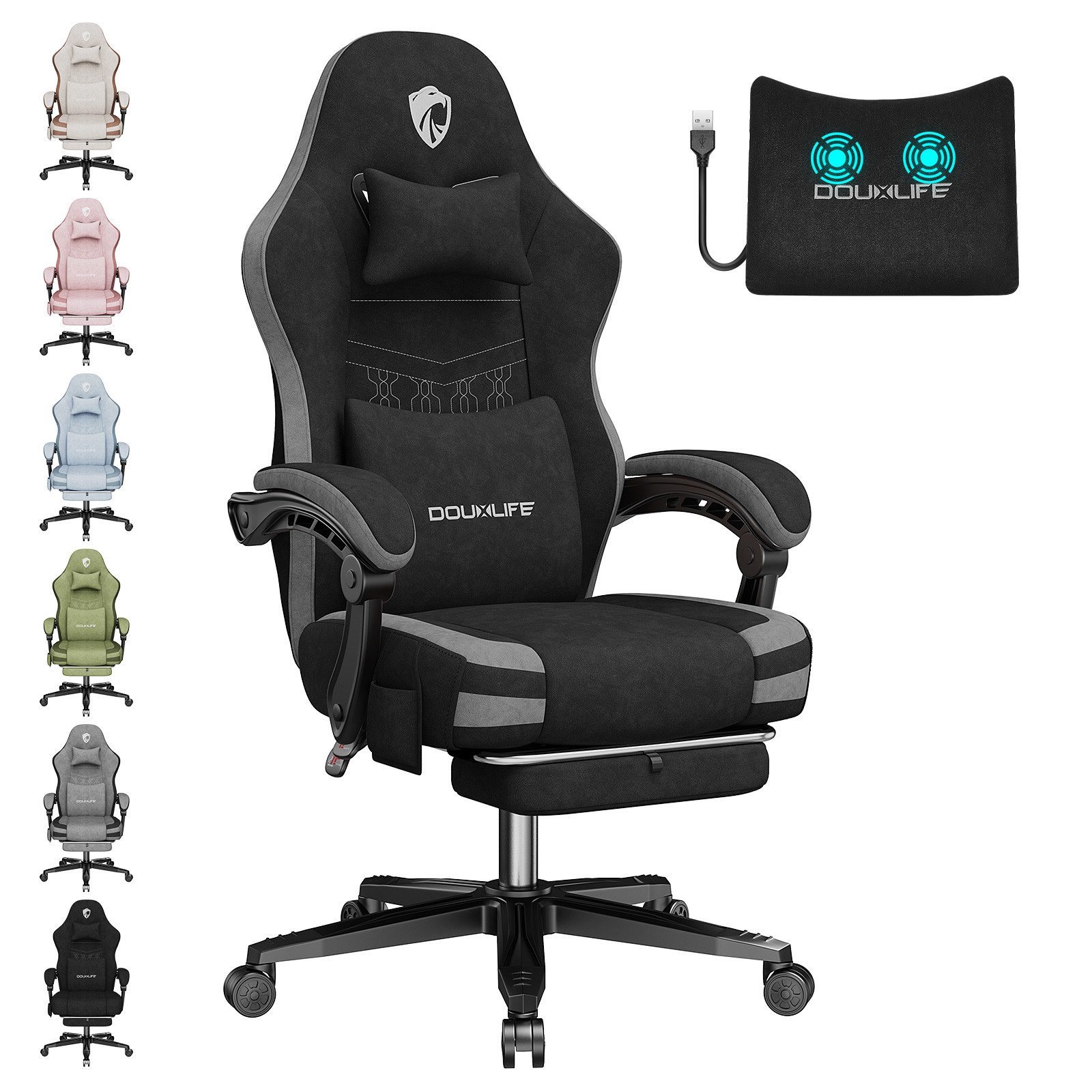 Insma Gaming-Stuhl Ergonomischer Bürostühl Drehstühl aus Stoff, mit Massage, Fußstütze & Lendenstütze, 158kg Belastbar