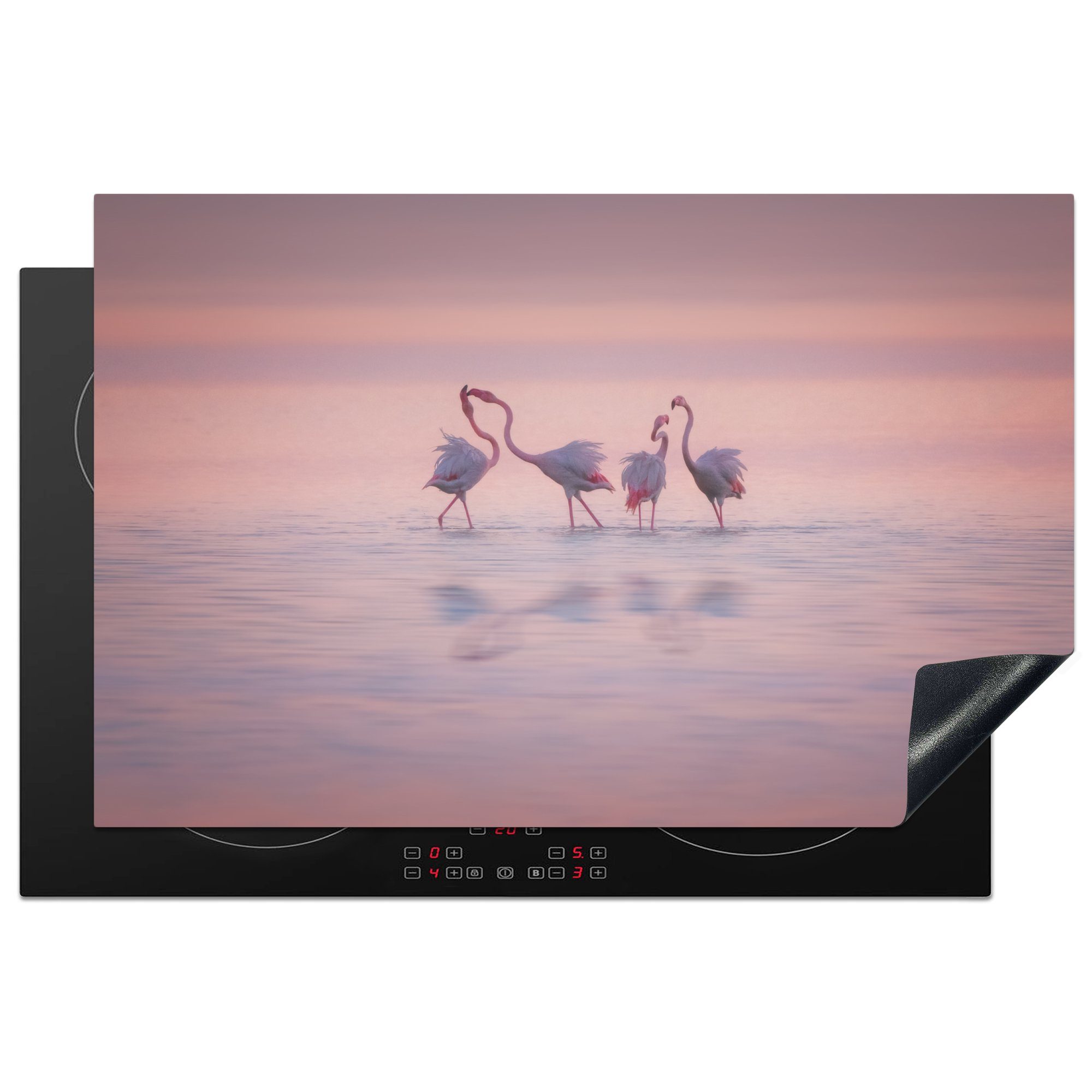 MuchoWow Herdblende-/Abdeckplatte Vier Flamingos stehen im Wasser, Vinyl, (1 tlg), 81x52 cm, Induktionskochfeld Schutz für die küche, Ceranfeldabdeckung