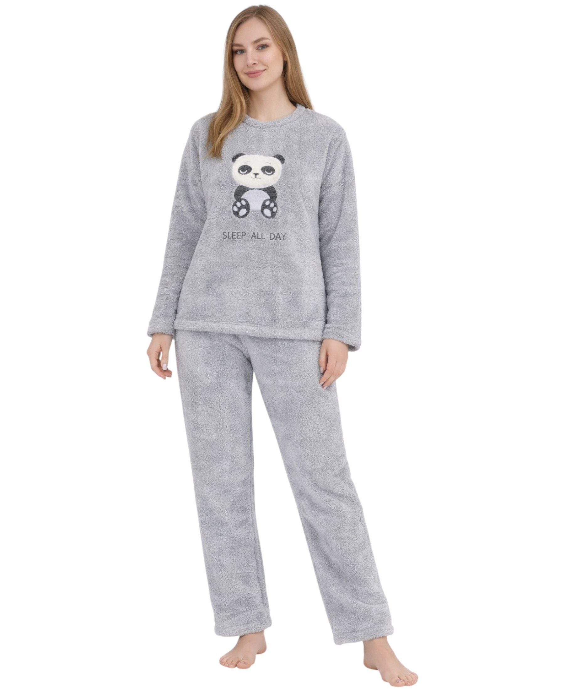 Hausanzug Damen Winter Pyjama Set aus Plüsch, weicher Zweiteiler