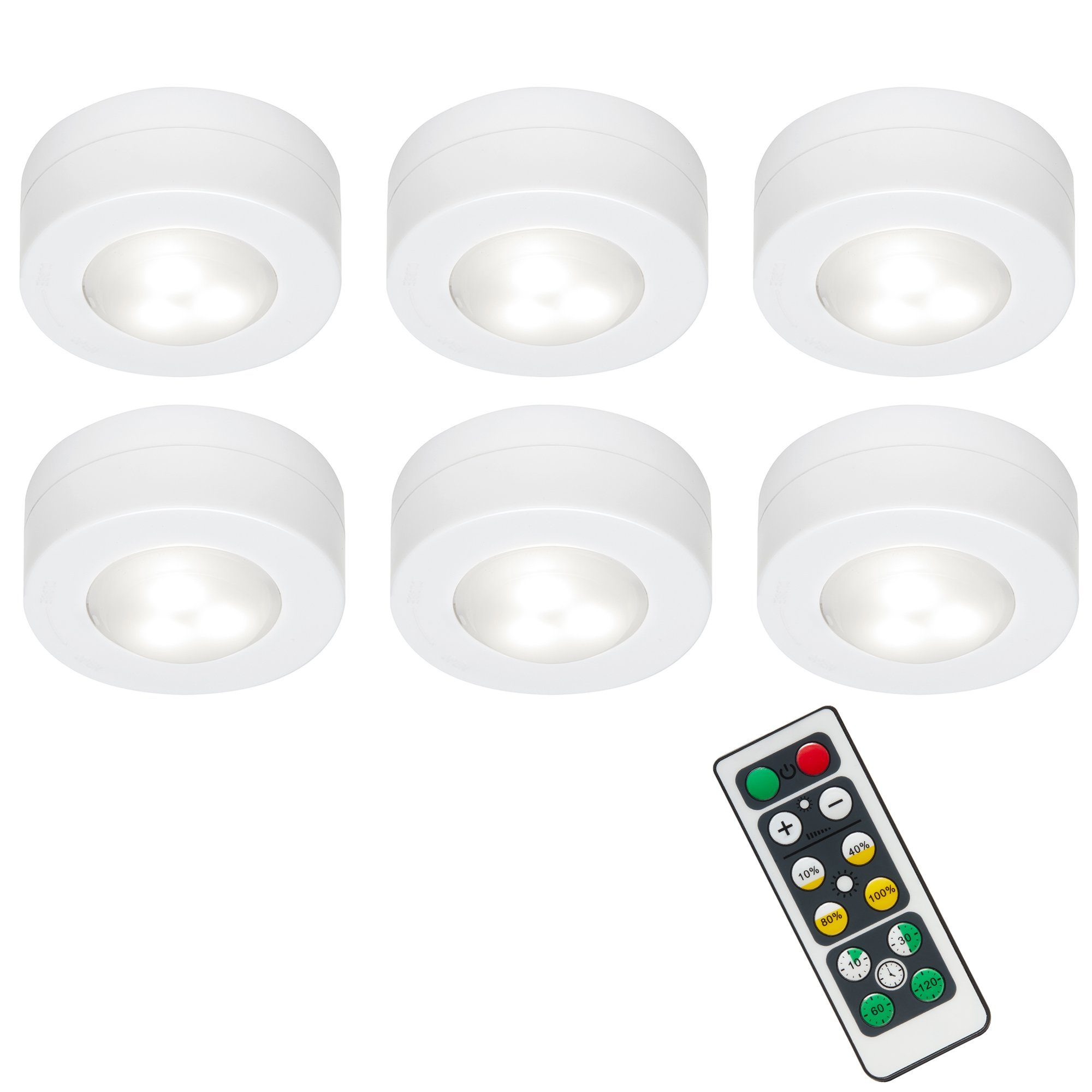 Briloner Leuchten LED Unterbauleuchte 2632-066, Dimmfunktion, LED fest  verbaut, Neutralweiß, in Stufen dimmbar, Batteriebetrieben mit 3-AAA  Batterien, inkl. Klebepads, inkl. Fernbedienung, exkl. Batterien, weiß, LED,  Ø 5,8 x 2,6 cm