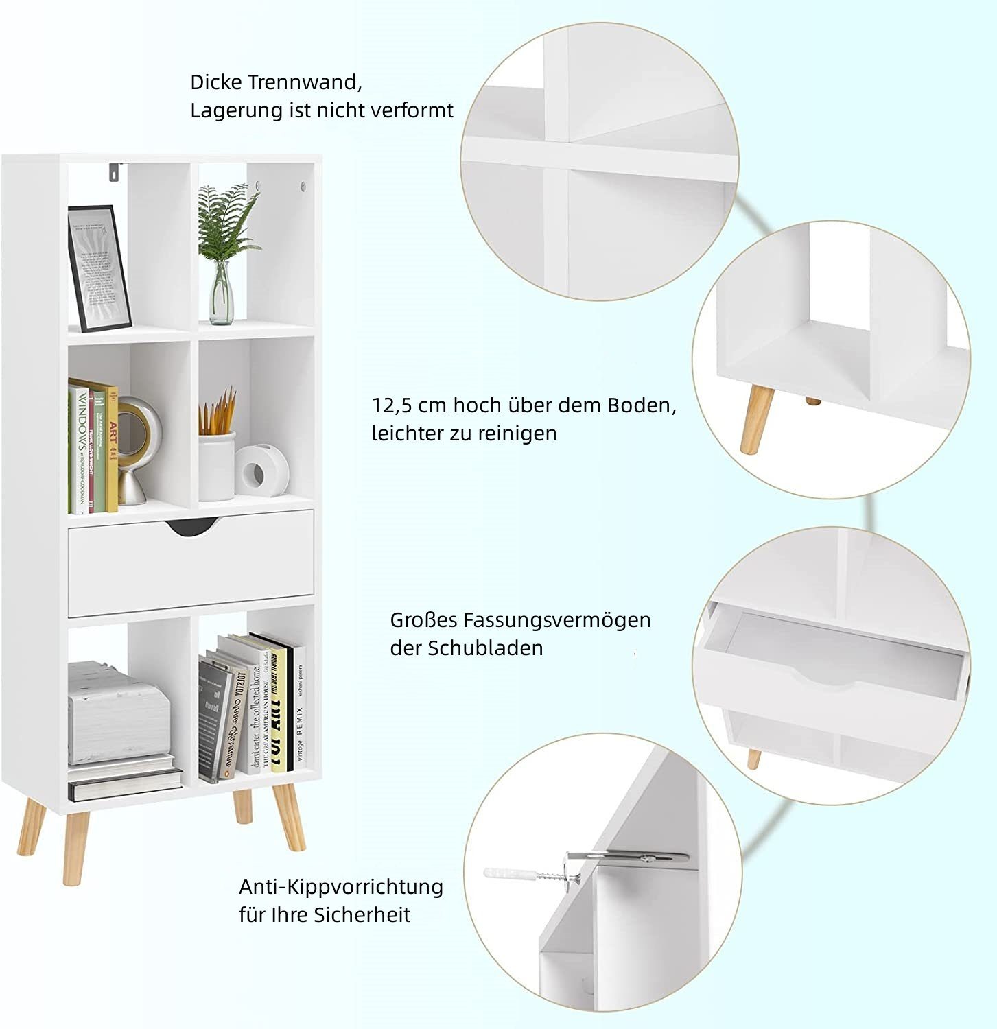 1-tlg., Weiß Aktenregal Schublade, Bücherregal, EUGAD aus MDF, Raumteiler mit