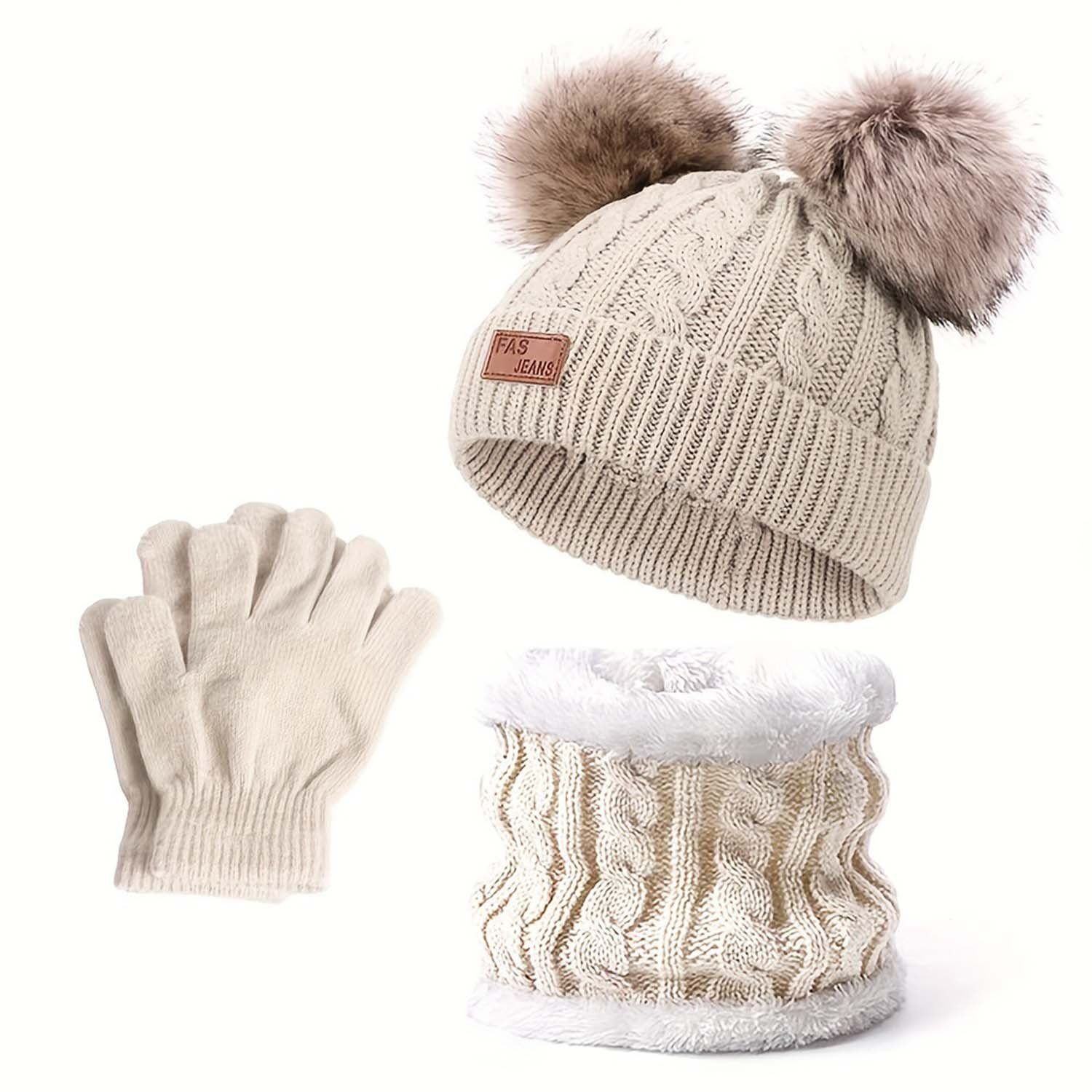 Daisred Schlupfmütze Kinder Winter warme Strickmütze, Halstuch, Handschuhe-Set Beige