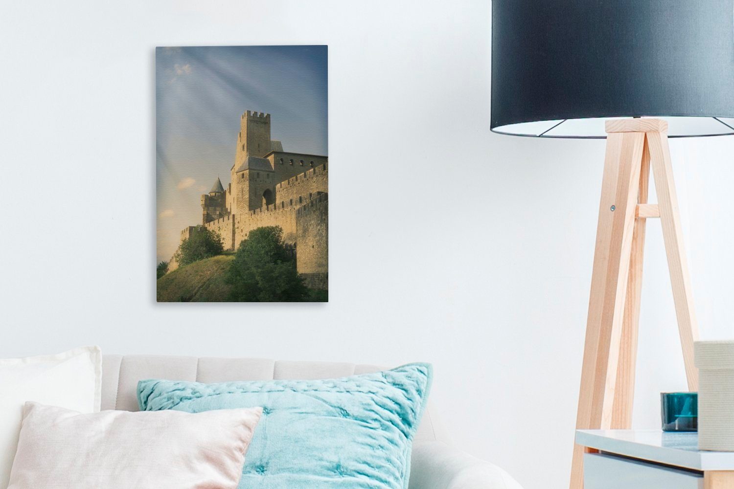 Leinwandbild Schloss, fertig St), 20x30 (1 Sonne cm bespannt inkl. Gemälde, Zackenaufhänger, - Leinwandbild Carcassonne OneMillionCanvasses® -