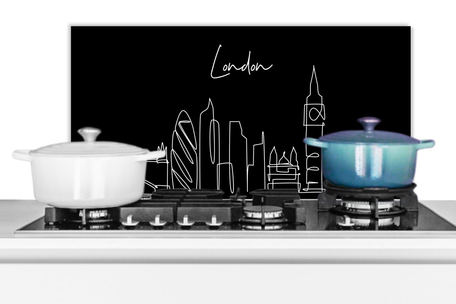 (1-tlg), MuchoWow gegen für Strichzeichnung - - Schmutzflecken Küchenrückwand 60x30 und Fett cm, - Schwarz Küchen - London Wandschutz, Weiß, Skyline