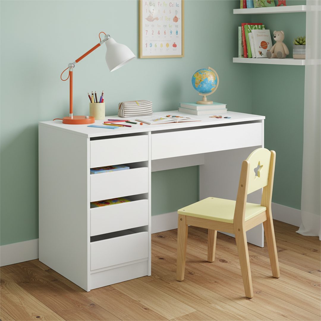 Bellabino Kinderschreibtisch Nore weiß, Jugendschreibtisch 110x53 cm mit 5 günstig online kaufen