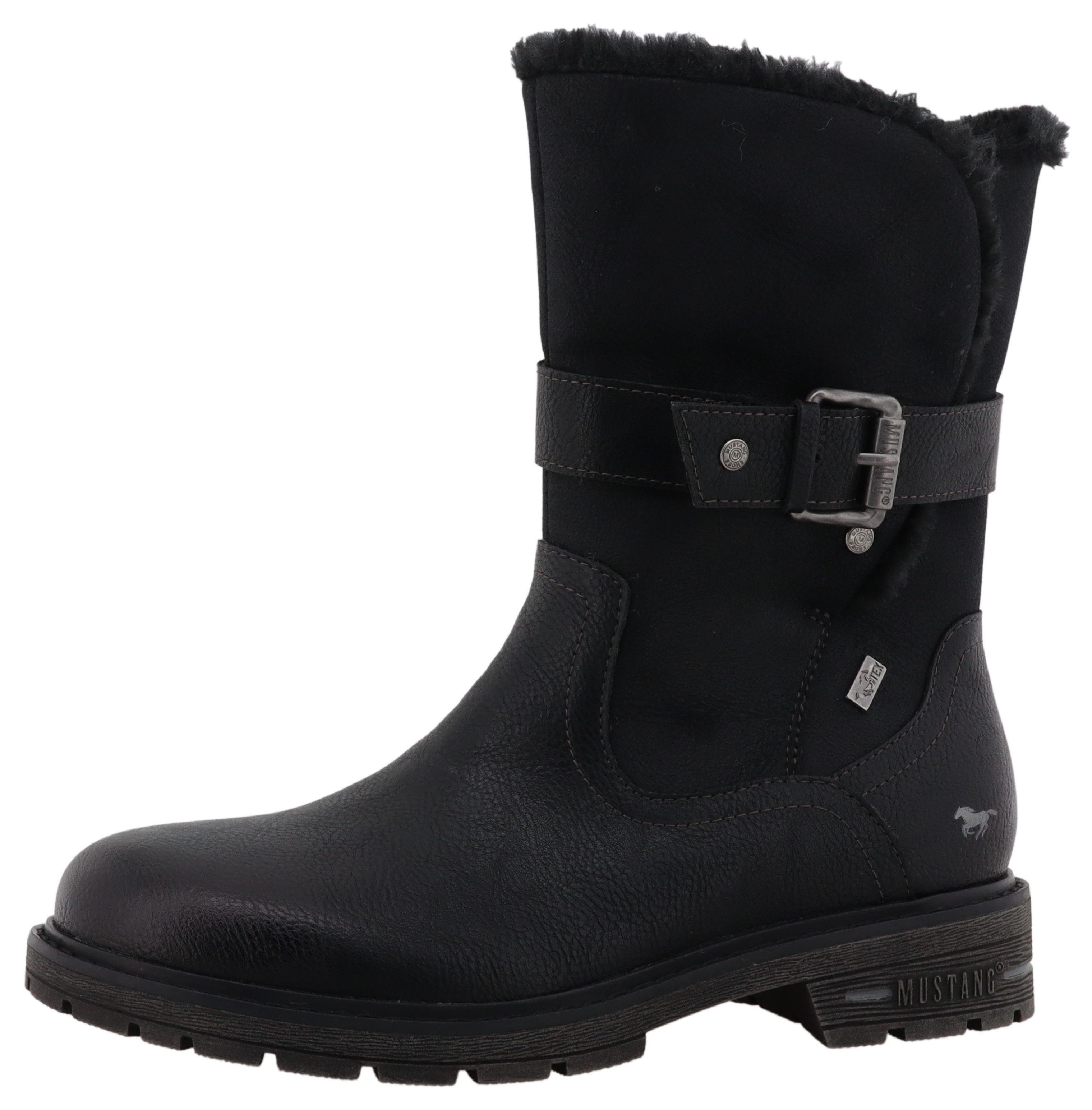 Mustang Shoes Bienke Winterstiefel Biker Boots mit Blockabsatz und Zierriemchen
