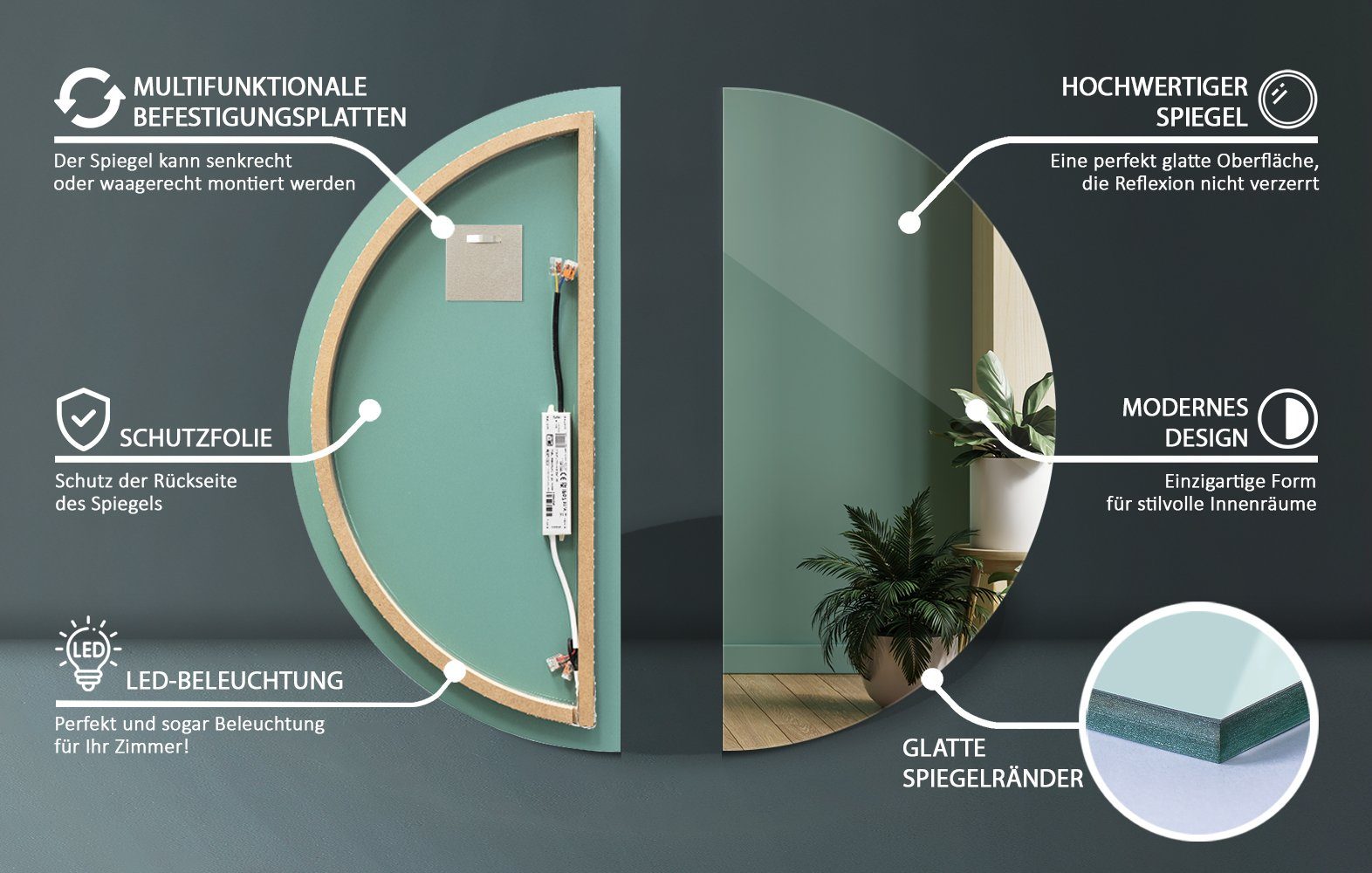 UkewEi Grote wandspiegel met led-achtergrondverlichting, halfronde make-upspiegel, anti-condens