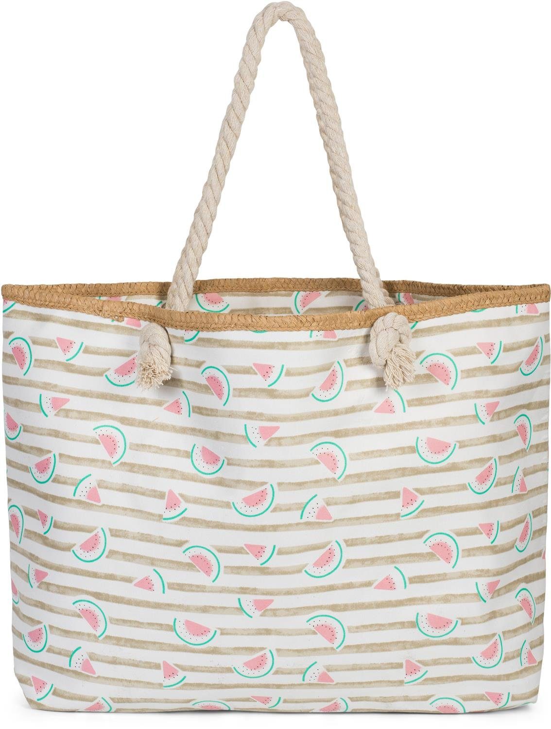 styleBREAKER Strandtasche (1-tlg), Strandtasche mit Streifen und Melone Print Taupe-Weiß