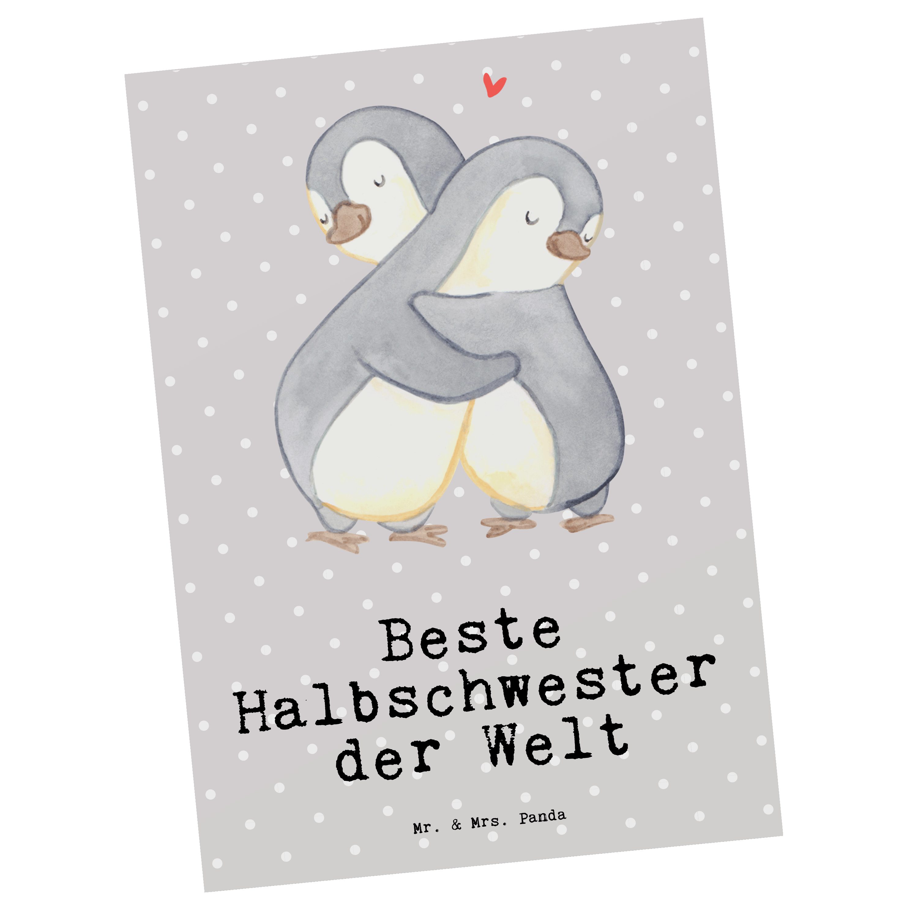 Mr. & Mrs. Panda Postkarte Pinguin Beste Halbschwester der Welt - Grau Pastell - Geschenk, Einla