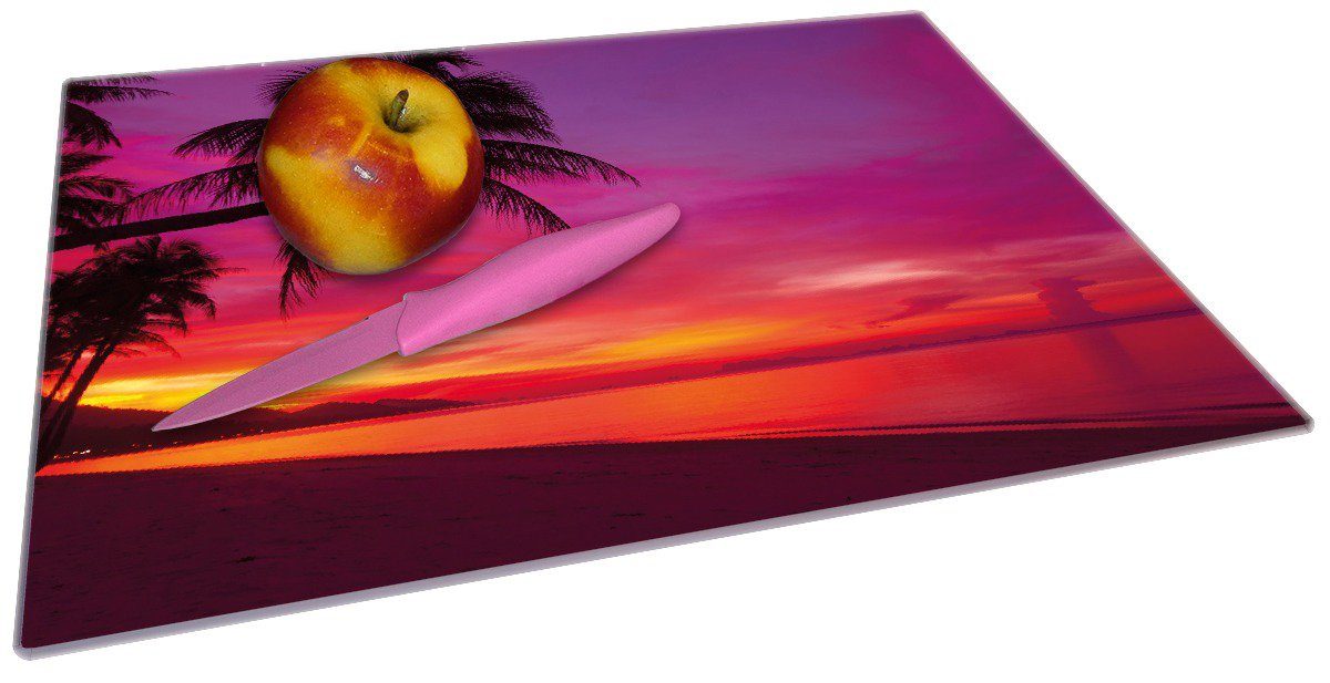 Wallario Schneidebrett Abendrot unter Palmen 30x40cm 4mm, am Gummifüße rutschfester Strand, pinker - ESG-Sicherheitsglas, 1-St), Himmel (inkl
