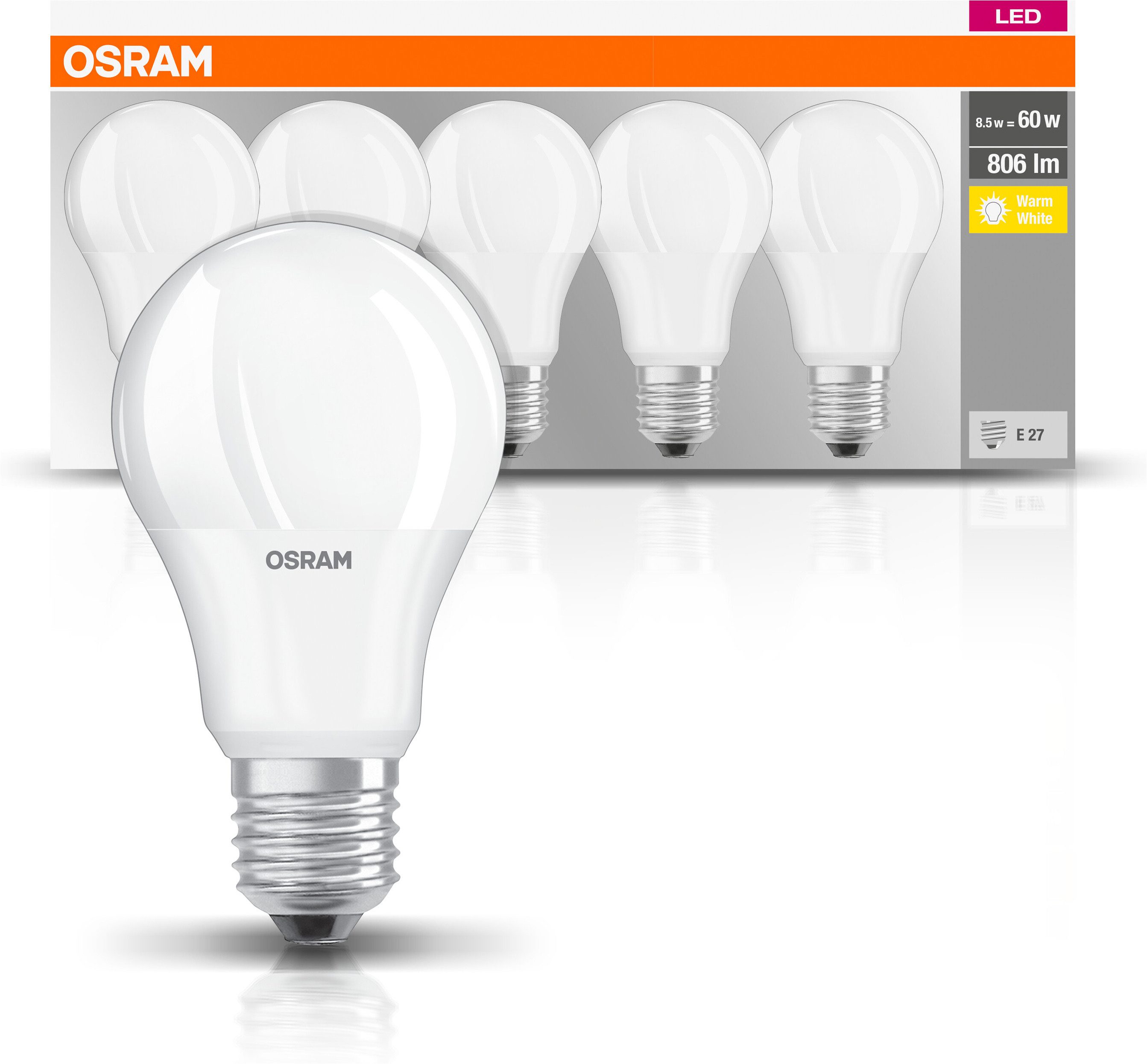 Osram LED-Leuchtmittel LED-Lampe Classic, E27, 5 St., Warmweiß