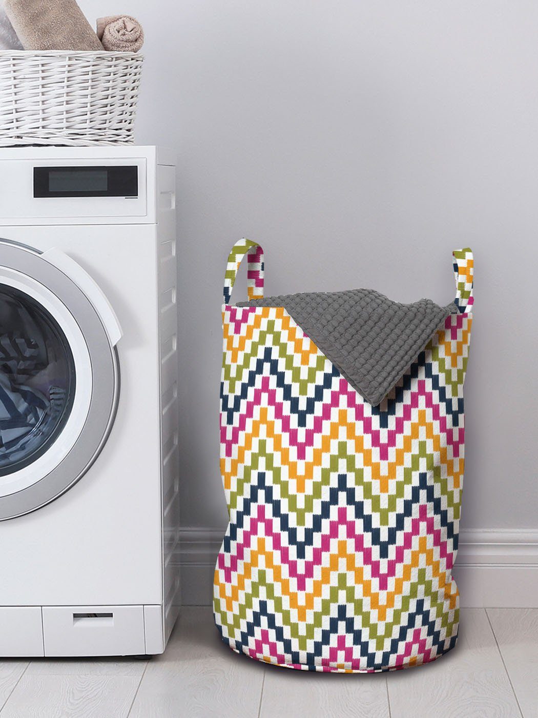 Abstrakte mit Waschsalons, Wäschekorb geometrische Griffen für Kordelzugverschluss Abakuhaus Wellenförmige Winkel Wäschesäckchen