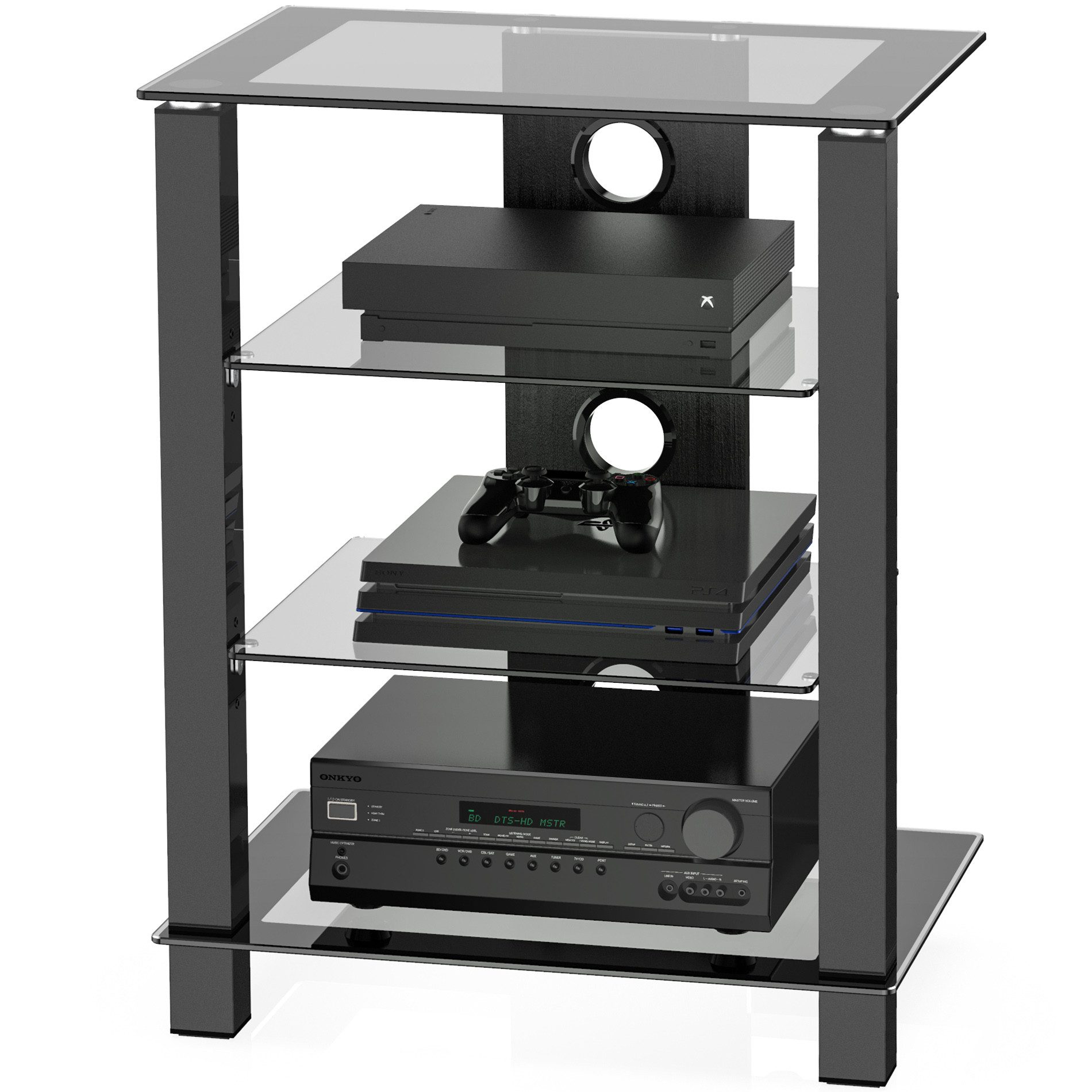 FITUEYES TV-Ständer 4‑stöckiges HIFI-Rack mit höhenverstellbaren Ablagen, (gehärtetes Glas, rutschfeste Füße, Kabelmanagement)